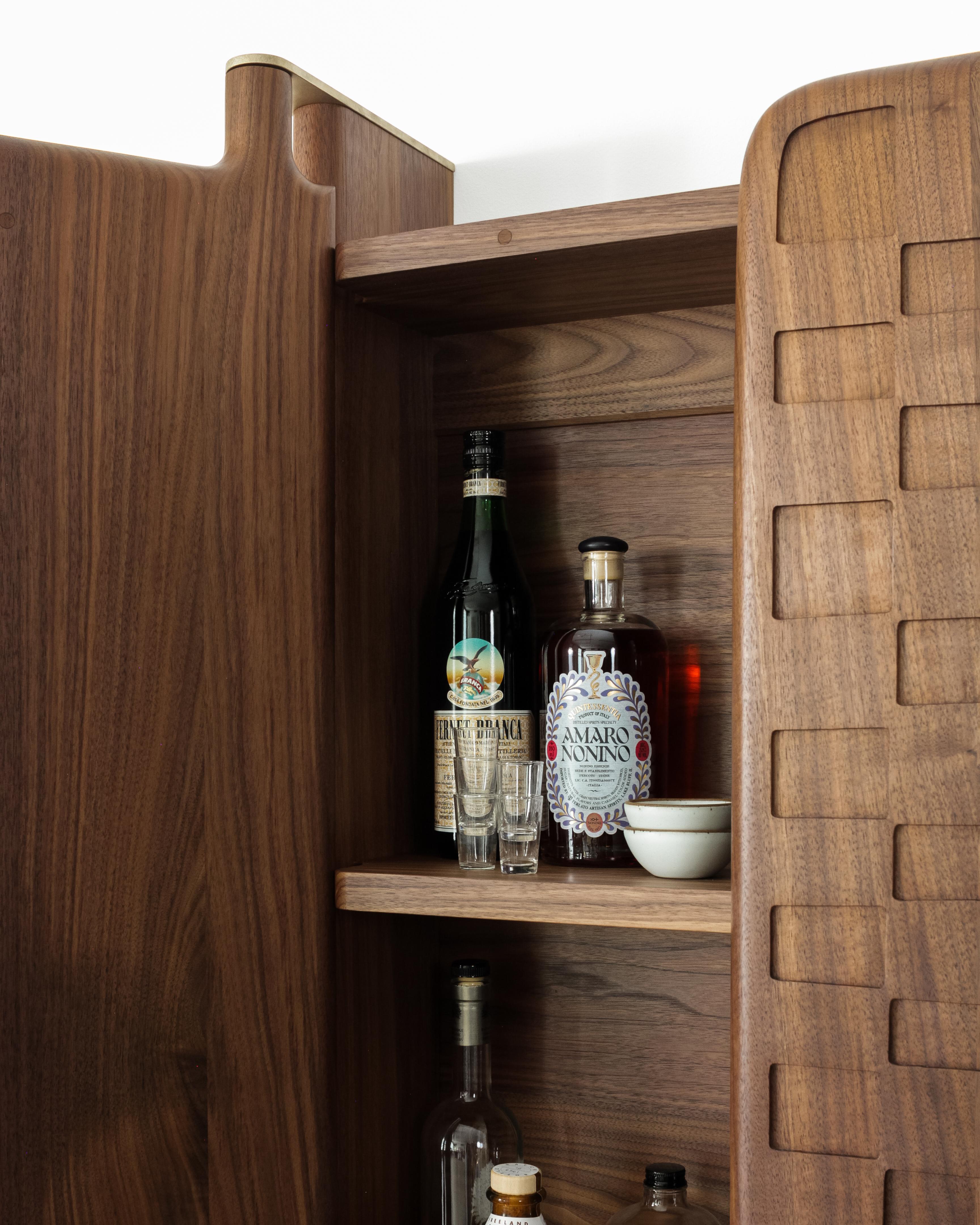 Off-Grid Solid Wood Contemporary Sculptural Carved Wall-Mounted Bar Cabinet For Sale 3