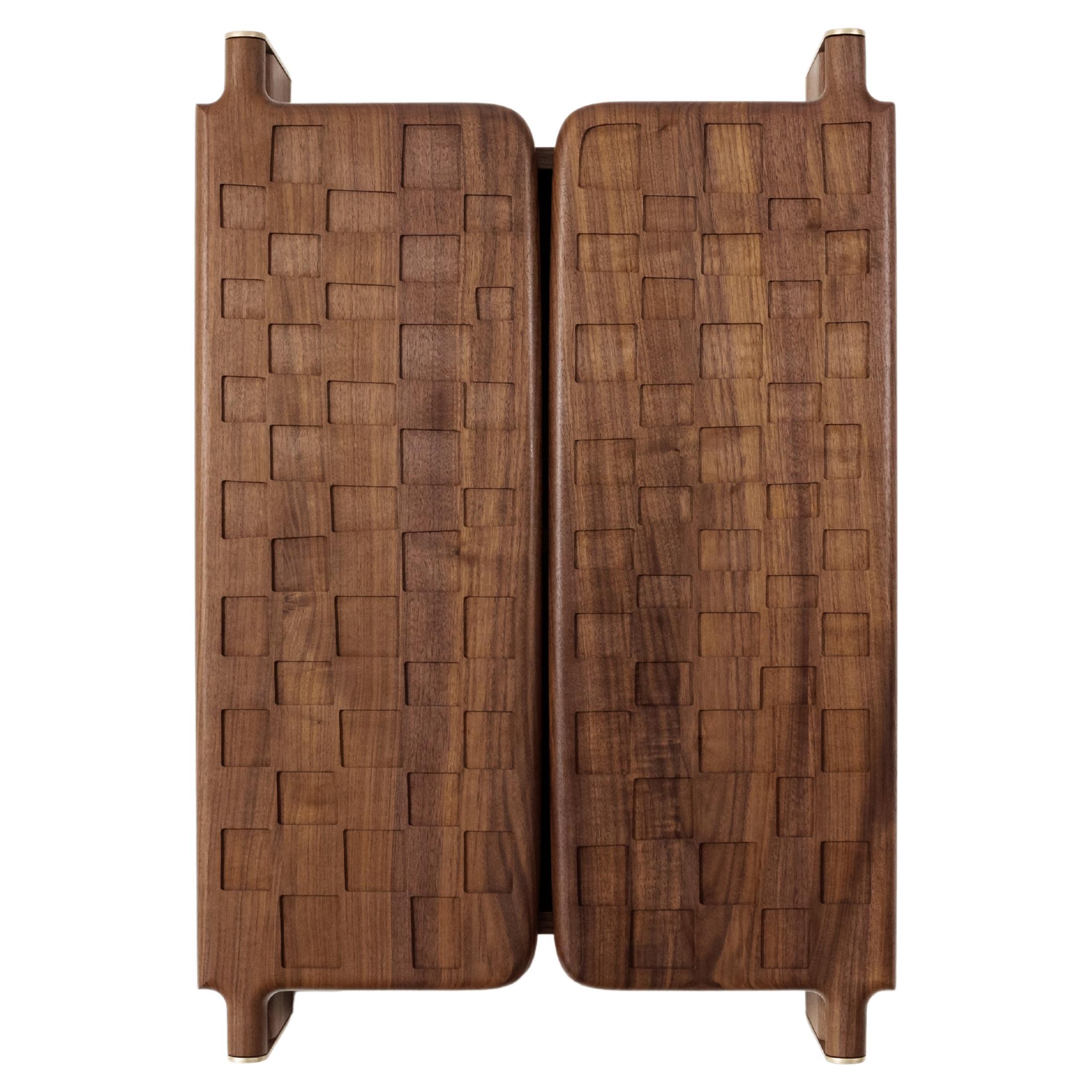 Off-Grid Solid Wood Contemporary Sculptural Carved Wall-Mounted Bar Cabinet