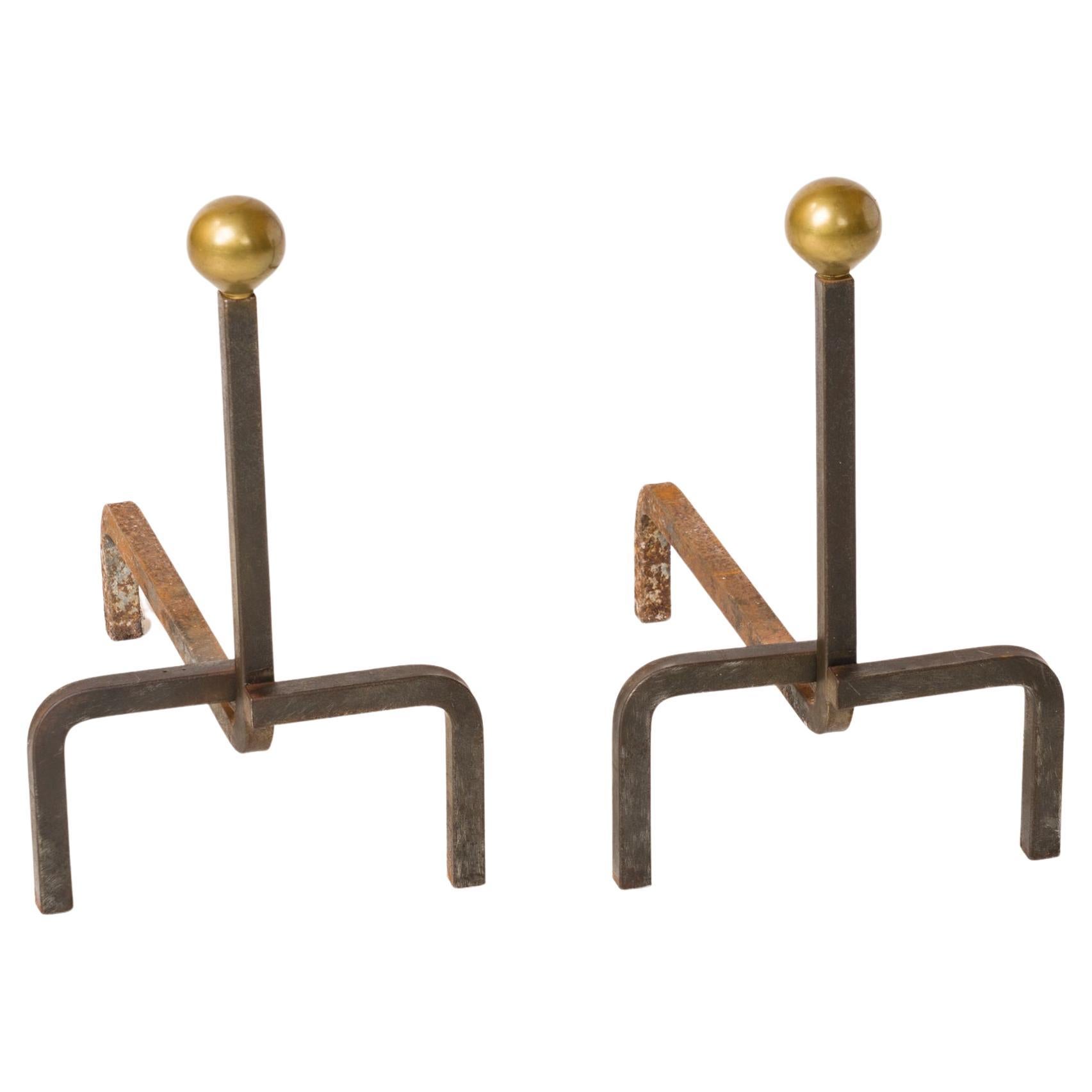 "Off-Set" Patinated Steel and Brass Andirons - France 1980s