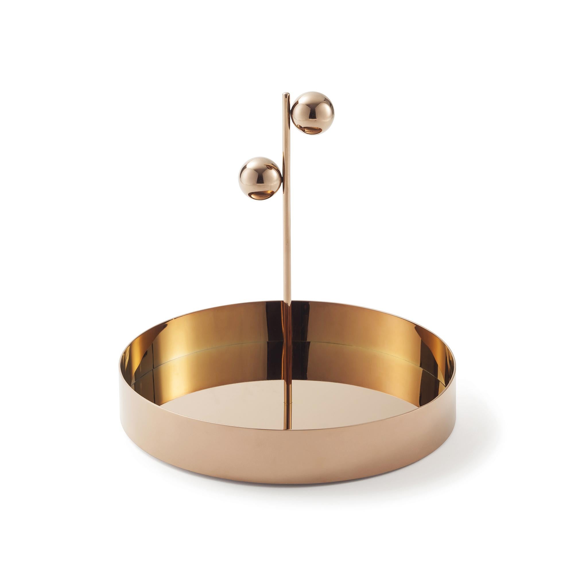 Off The Moon N°3 tray by Thomas Dariel
Dimensions: diameter 25 x height 24 cm 
Materials: plated metal coated with glossy copper finish colors: glossy pink copper
Also available in other colors and sizes. 


From Earth, one can only see the