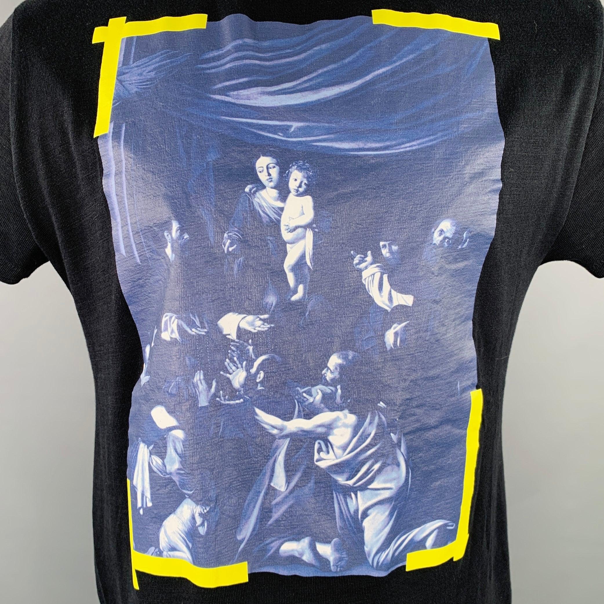 OFF-WHITE 2017 t-shirt
in a black cotton jersey featuring a blue Caravaggio painting print with yellow frame details, diagonal logo on back, and crew neck. Made in Portugal.Excellent Pre-Owned Condition. 

Marked:   XXS 

Measurements: 
 
Shoulder: