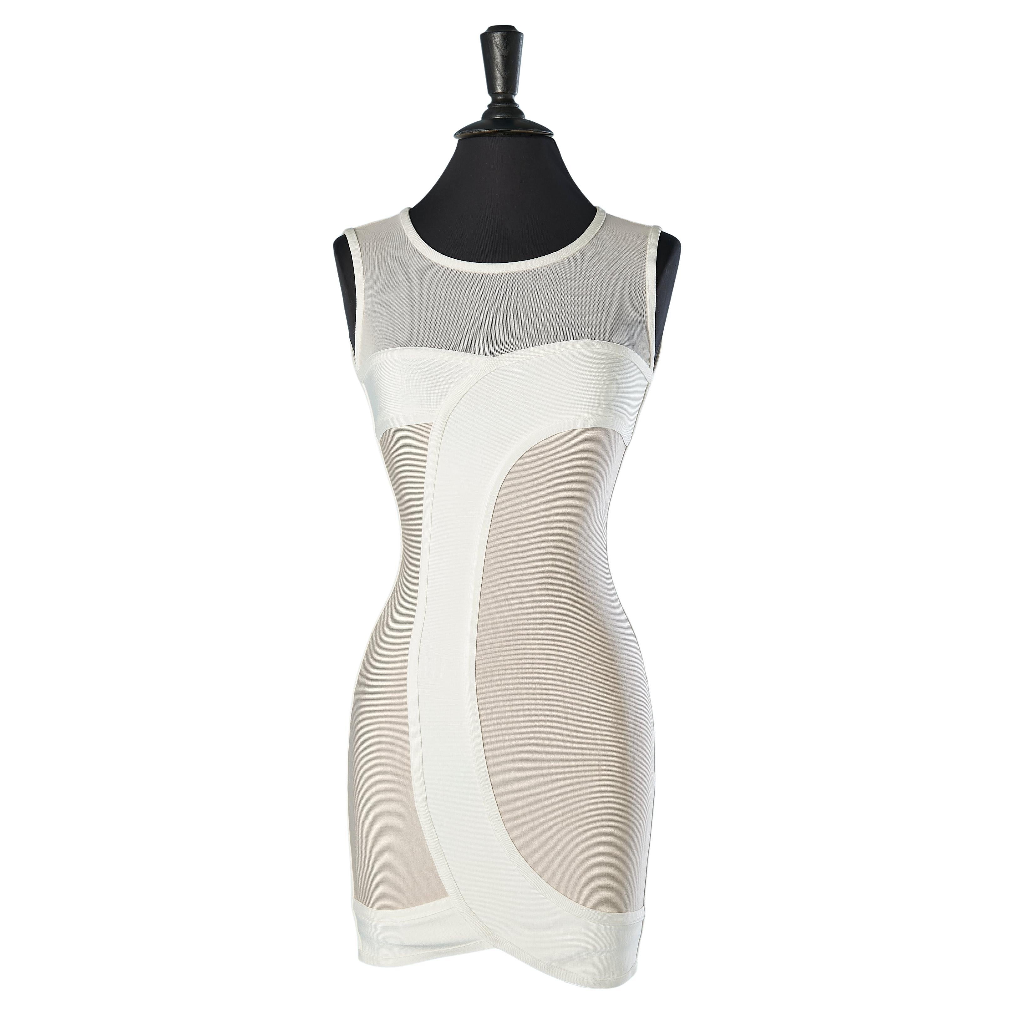 Off-white and beige cocktail dress in rayon knit Hervé Léger  For Sale