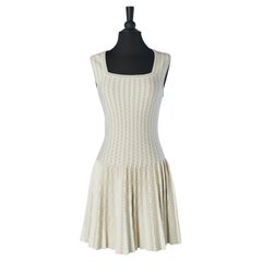 Off-white and gold lurex sleeveless jacquard pleated cocktail dress ALAIA