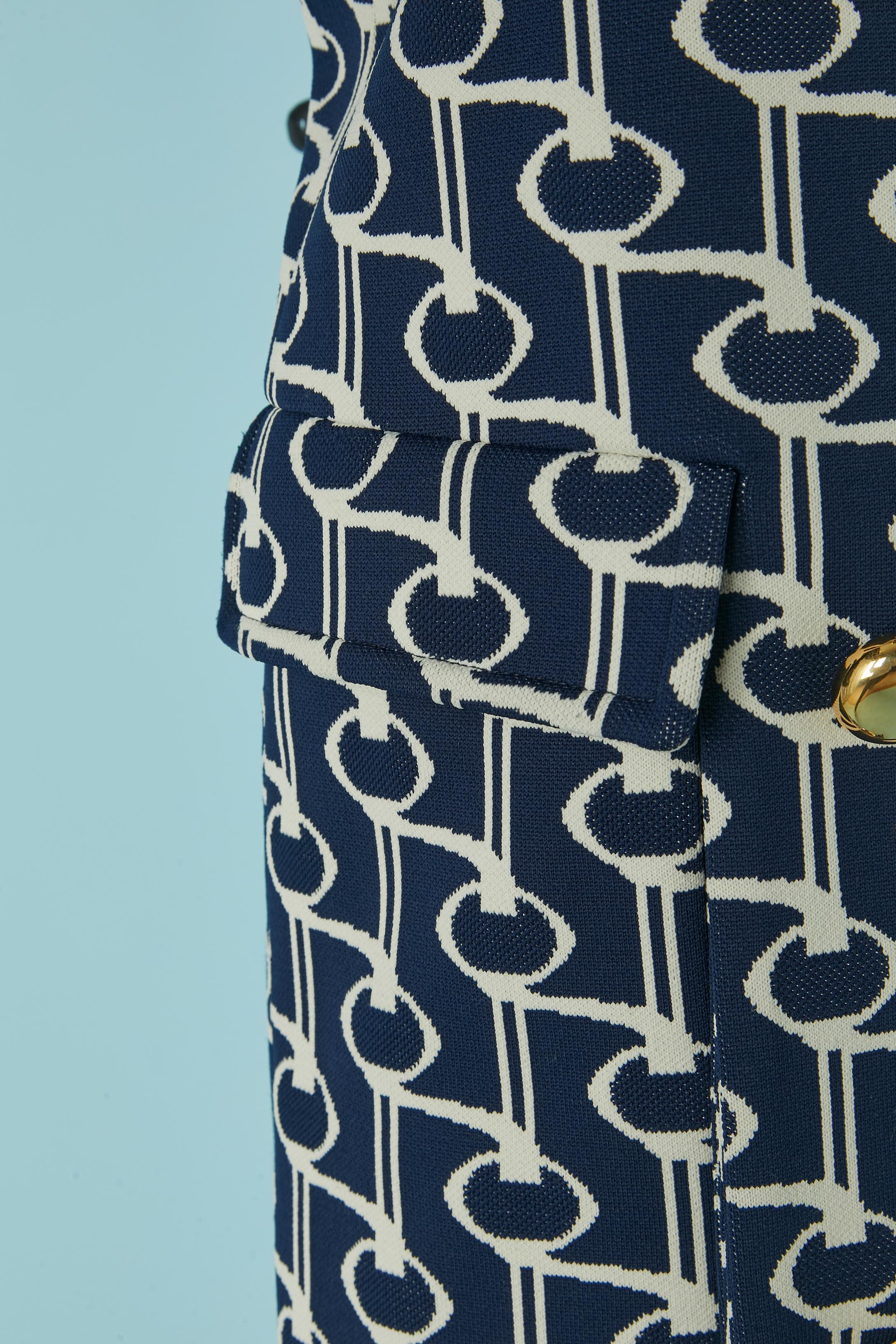 Cappotto doppiopetto in jersey jacquard bianco sporco e navy PRADA In condizioni ottime in vendita a Saint-Ouen-Sur-Seine, FR