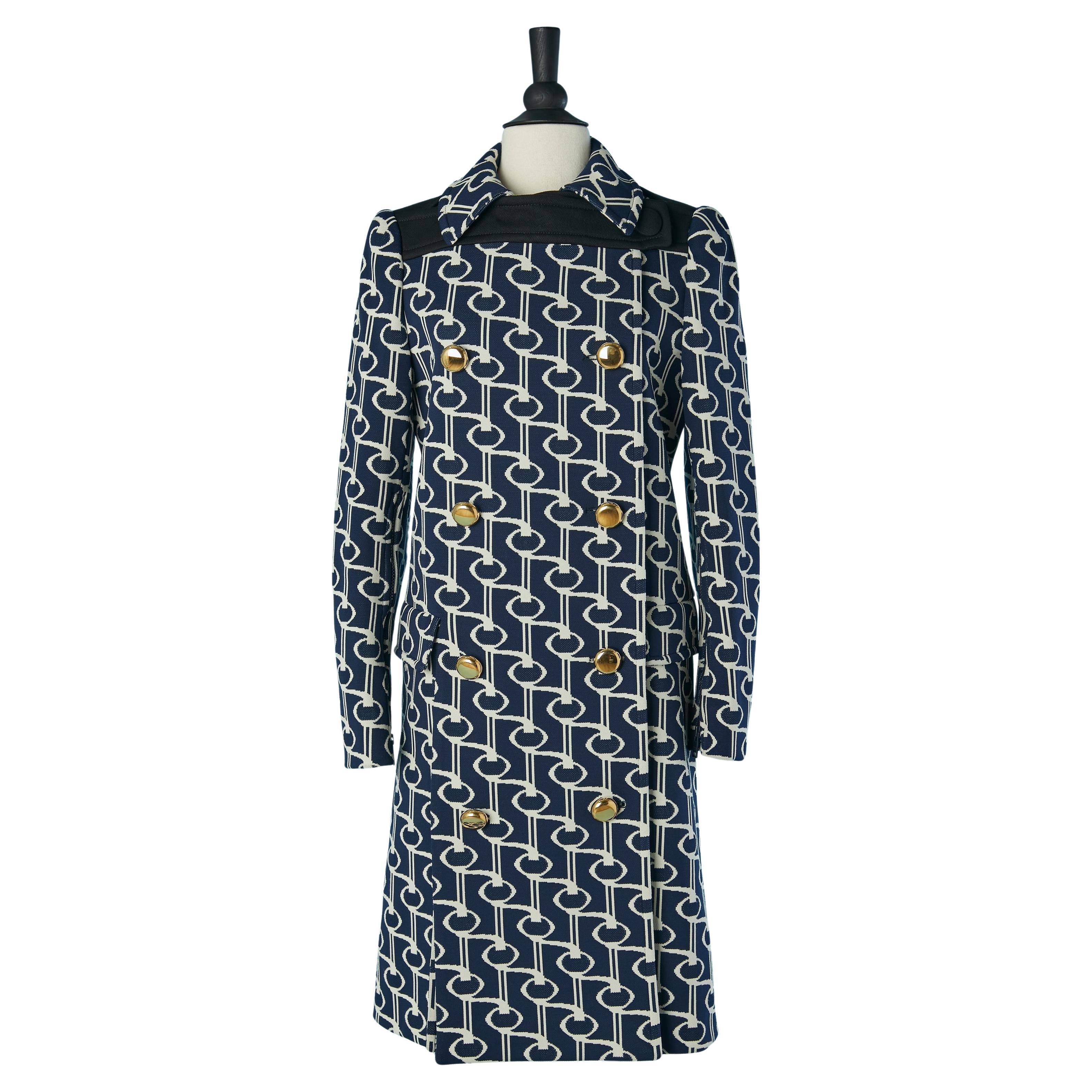 Cappotto doppiopetto in jersey jacquard bianco sporco e navy PRADA in vendita