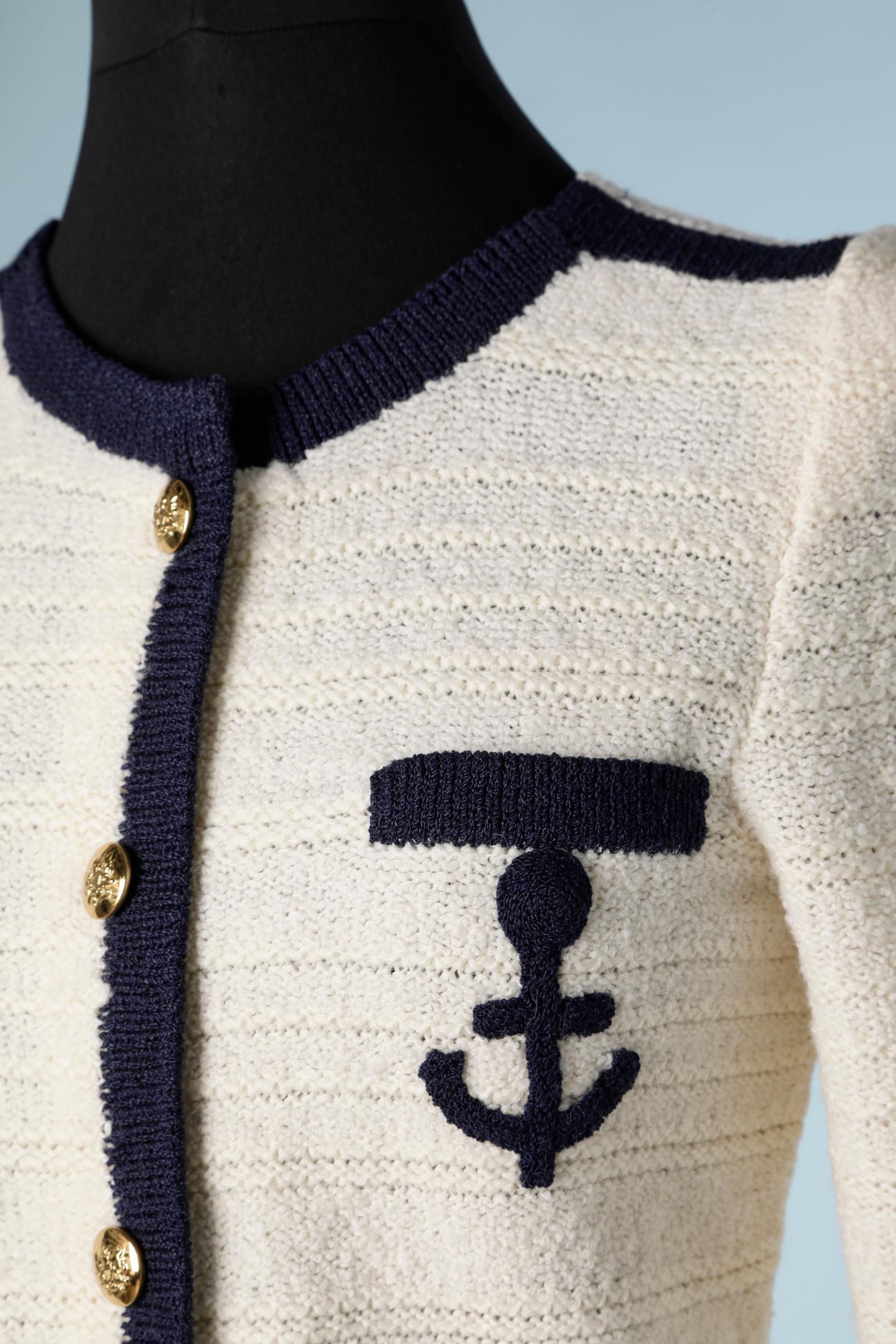 Beige Off-white and navy knit cardigan with anchor Adolfo 