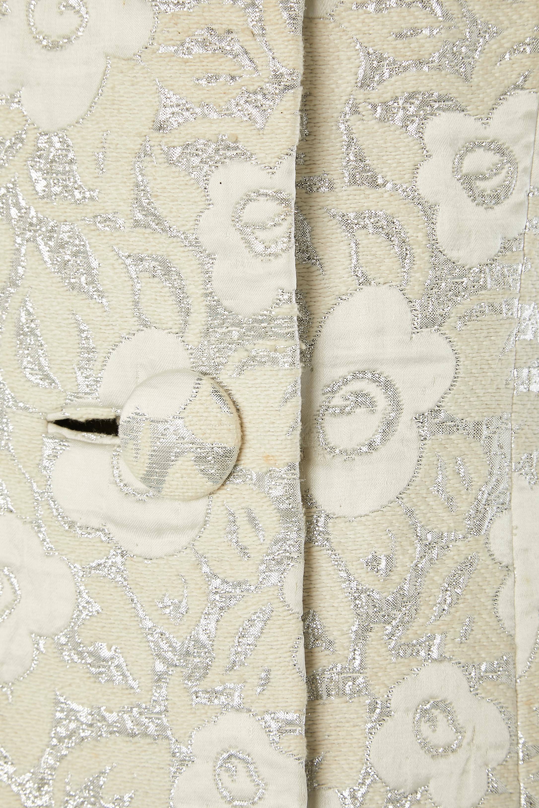 Beige Cappotto monopetto in damasco bianco sporco e argento con collo in visone STAR Paris in vendita