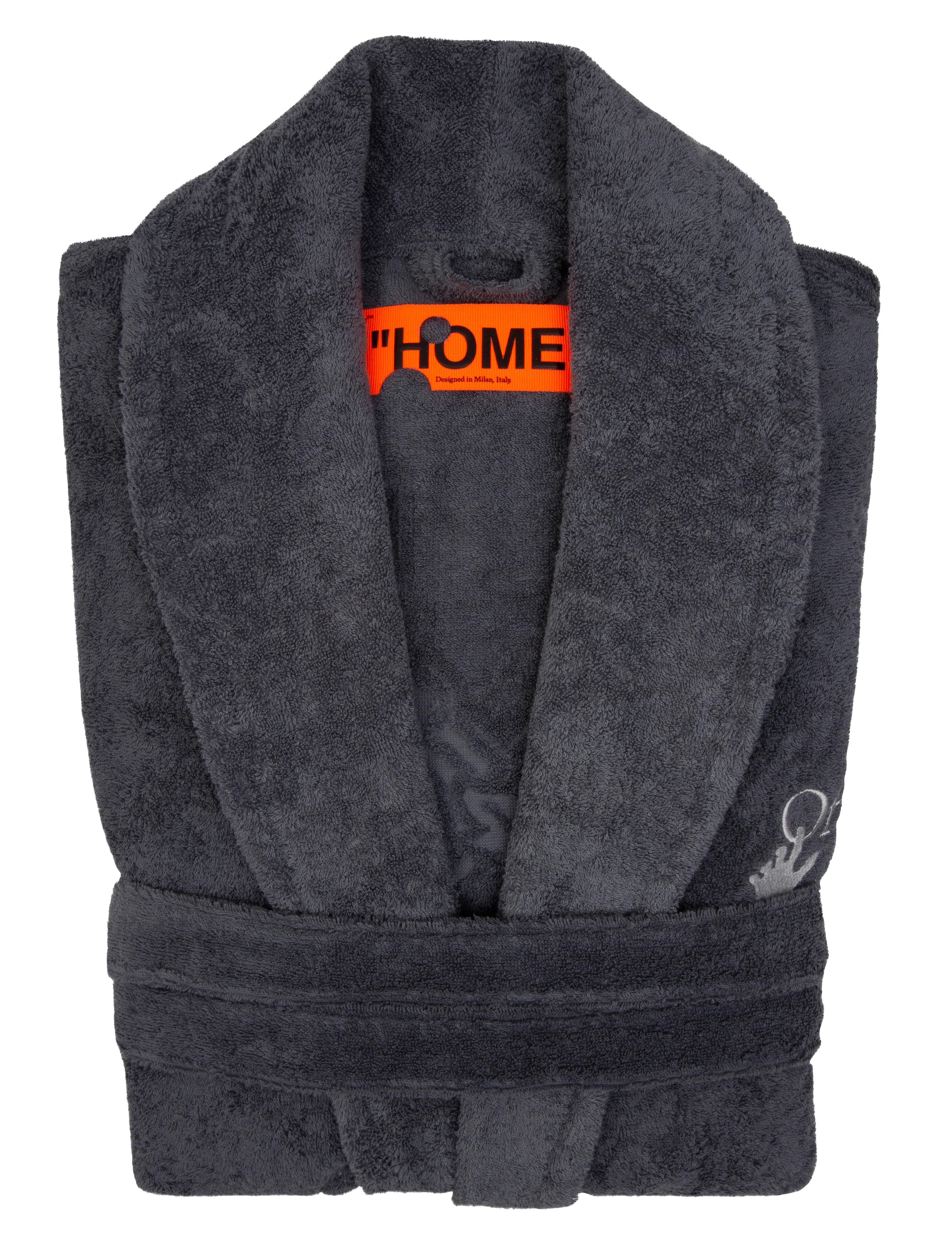 Grey bathrobe with jacquard leaves arrows on the back. Off-hand logo embroiedered on chest, and orange “HOME” label on the inside.
By Virgil Abloh
Dimensions: 135 W x 65 H
This item is only available to be purchased and shipped to the United