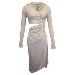 Abito elasticizzato Off-White con ritagli asimmetrici e arricciature, in viscosa color crema