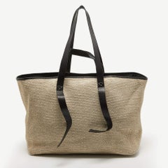 Off-White Beige/Black Straw and Leather Logo Print Commercial Tote