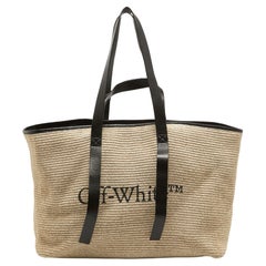 Off-White Beige/Black Straw and Leather Logo Print Commercial Tote