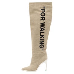 Off-White Beige Canvas For Walking Knee High Boots Size 38