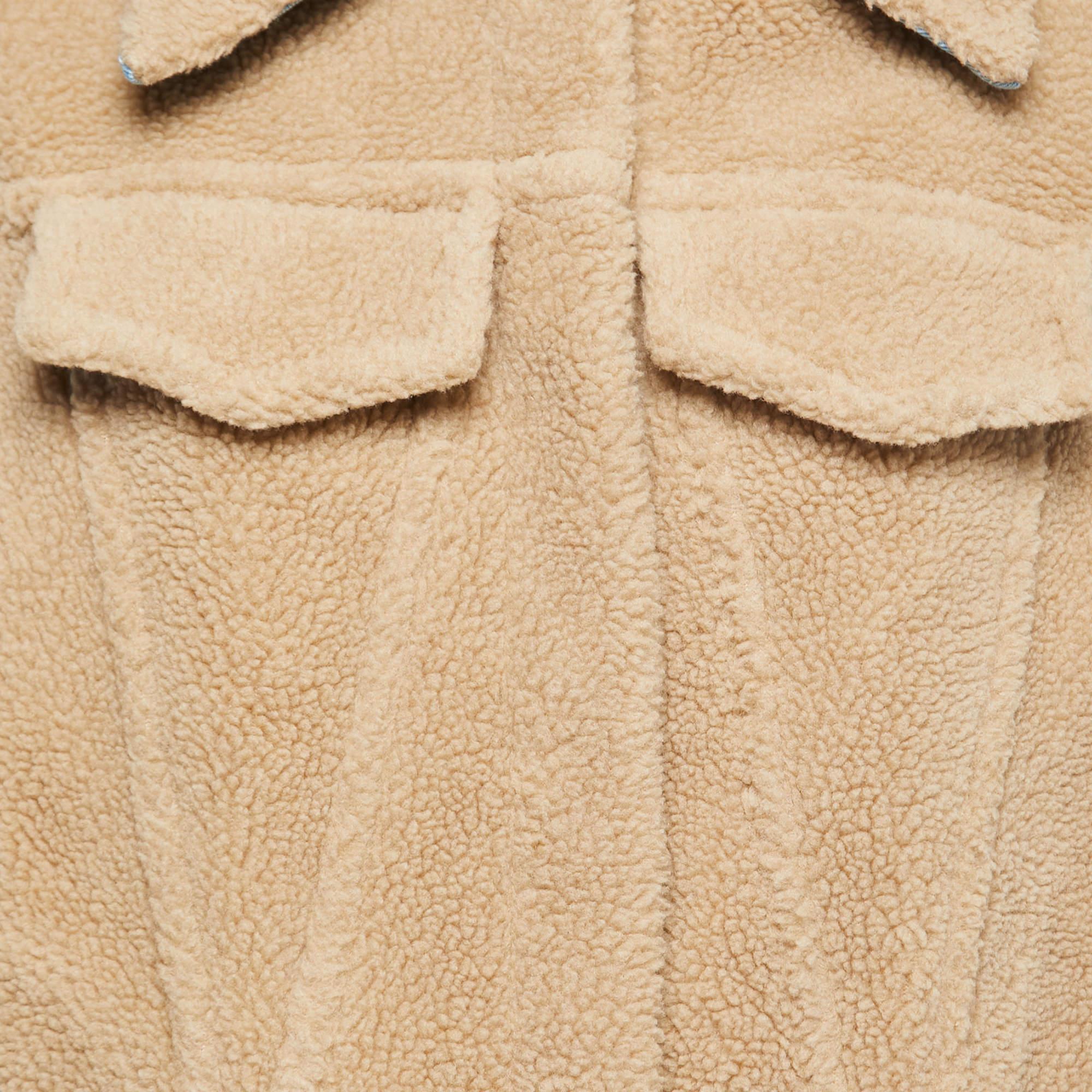 Women's Off-White Beige Faux Fur Denim Trimmed Buttoned Jacket S