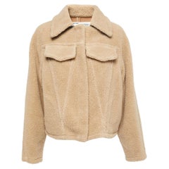 Off-White Beige Faux Fur Denim Trimmed Buttoned Jacket S