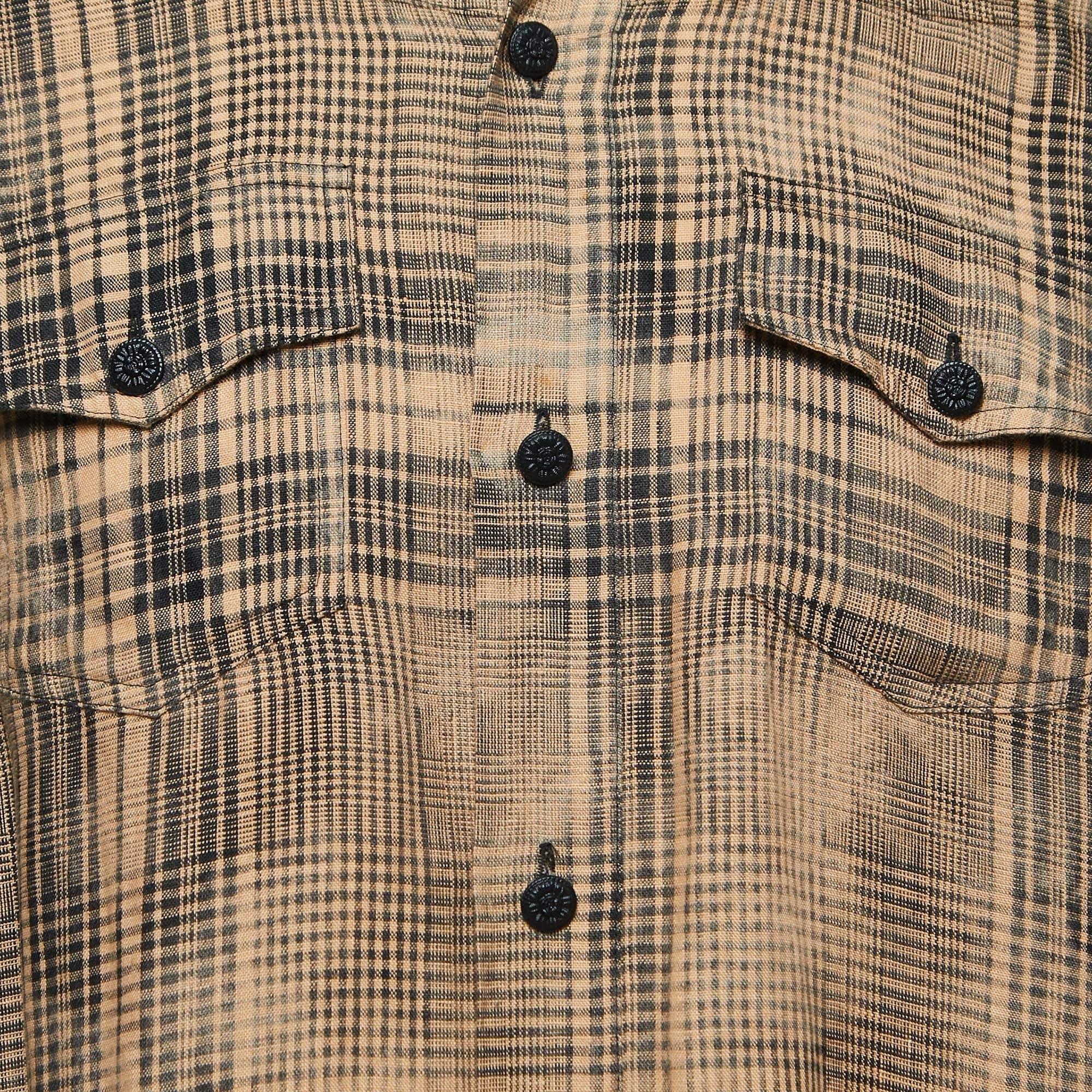 Off-White Beige Plaid Linen Button Front Full Sleeve Shirt M In Good Condition For Sale In Dubai, Al Qouz 2