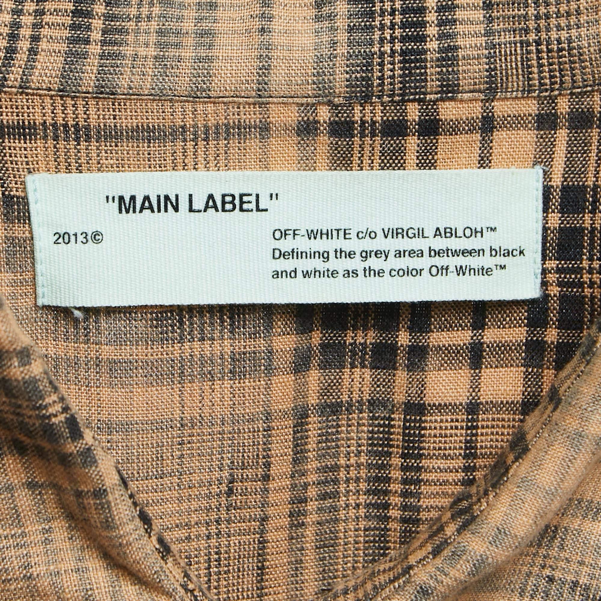 Men's Off-White Beige Plaid Linen Button Front Full Sleeve Shirt M For Sale