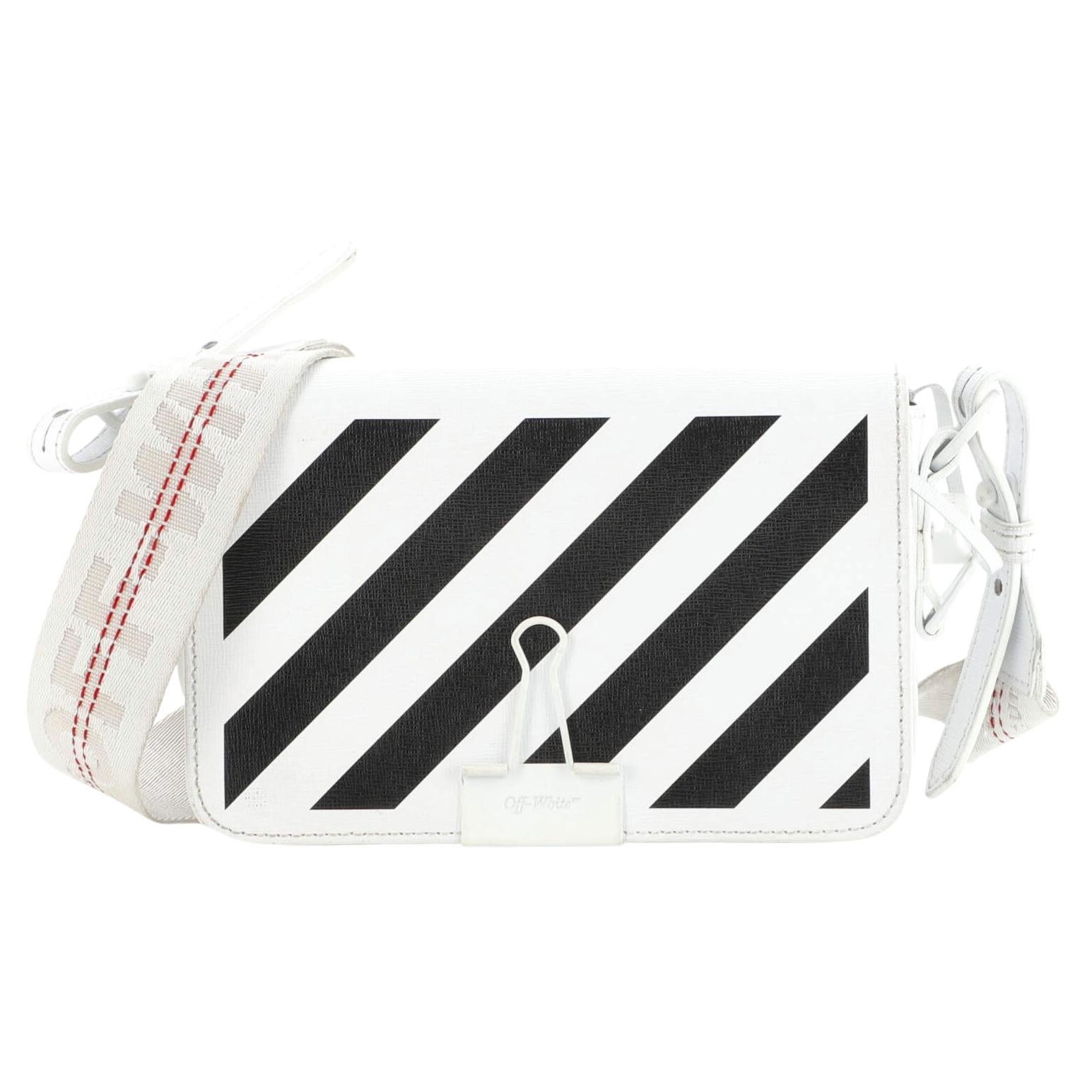 Off White Binder Clip Flap Bag Striped Leather Small For Sale