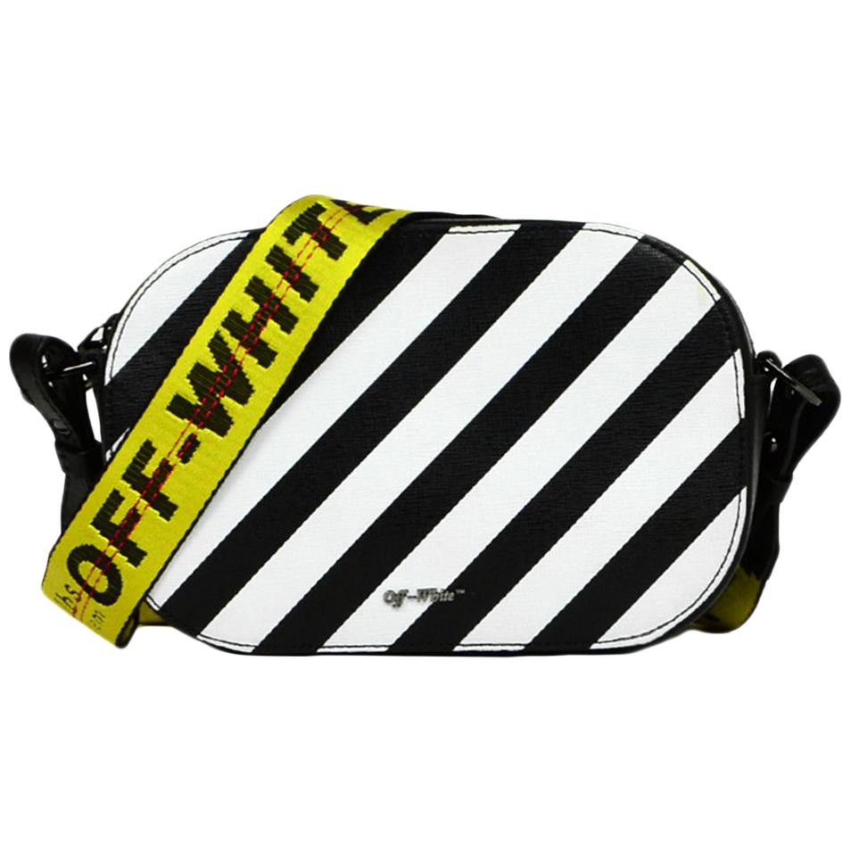 Off-White Black and White Diagonal Stripe Saffiano Leather Camera Crossbody Bag