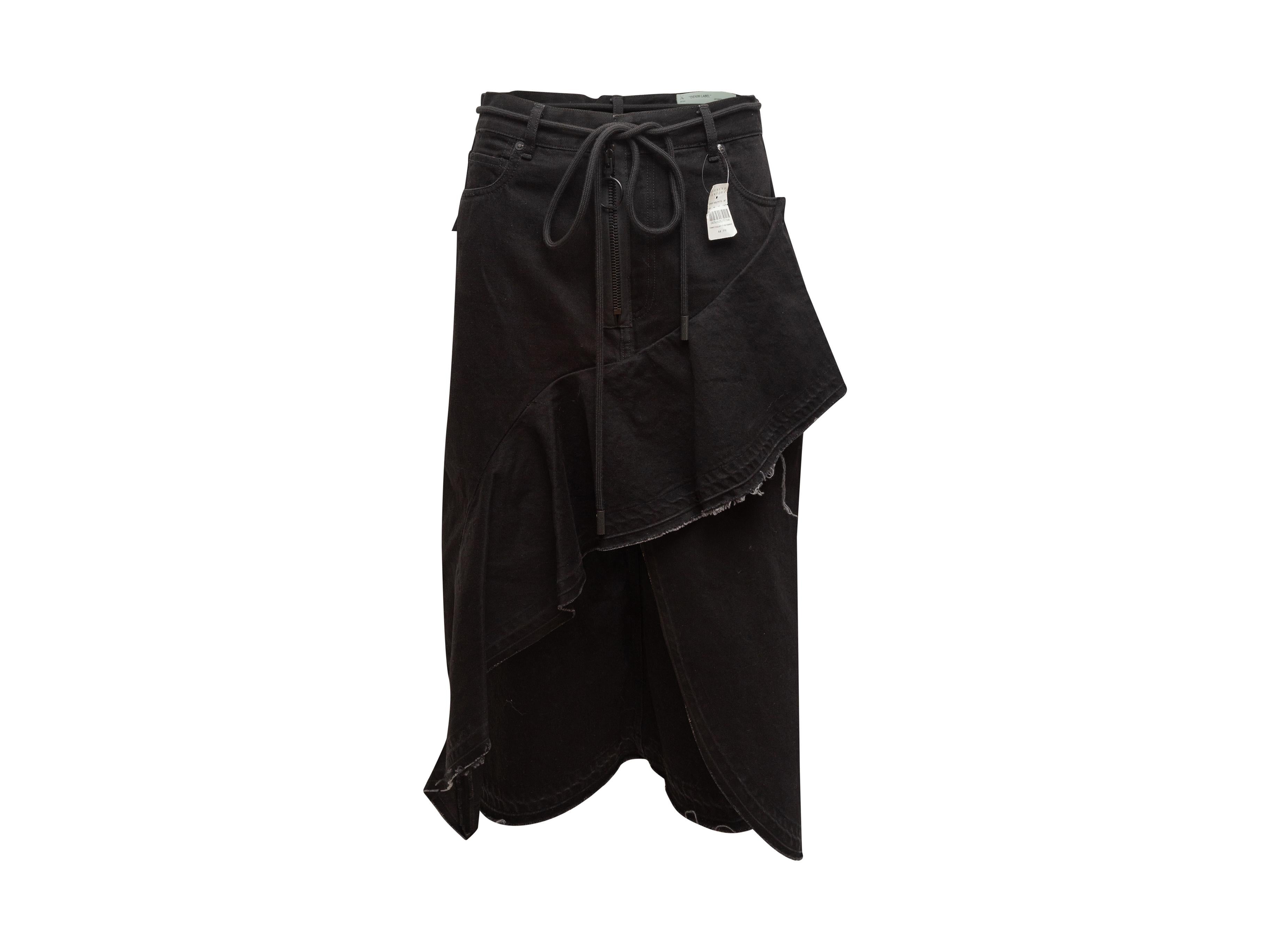 Product details: Black denim ruffle midi skirt by Off-White. Five pockets. O-ring zip and tie closures at front. Designer size 44. 32