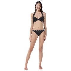 Off-White Black Eyelet Embellished Halterneck Bikini Set Size S