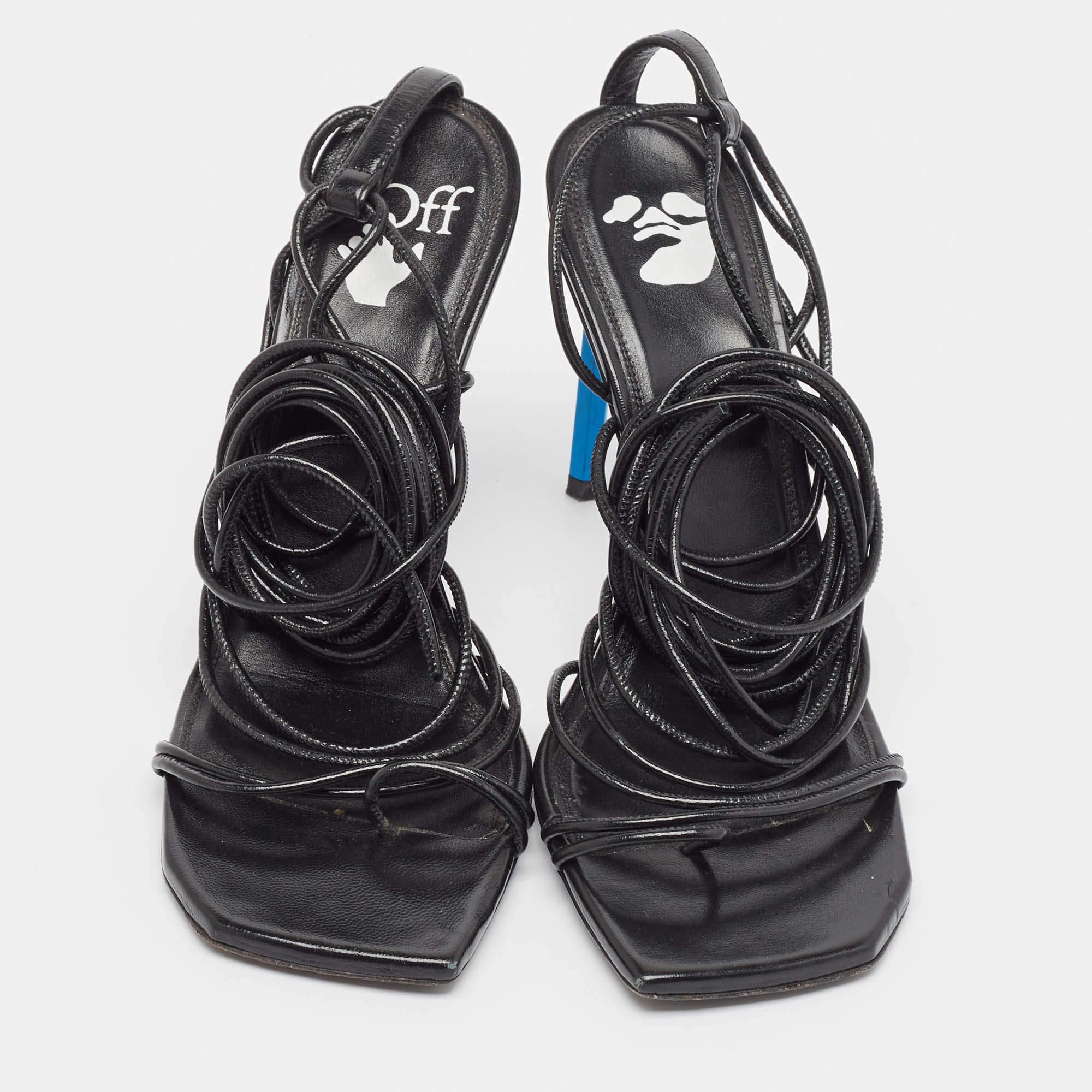 Off-White Black Leather Ankle Strap Sandals Size 37 In Good Condition For Sale In Dubai, Al Qouz 2