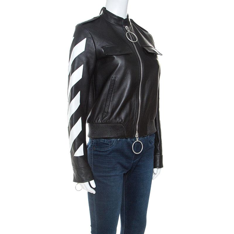 Off White Black Leather Contrast Detail Zip Front Jacket S In Good Condition In Dubai, Al Qouz 2