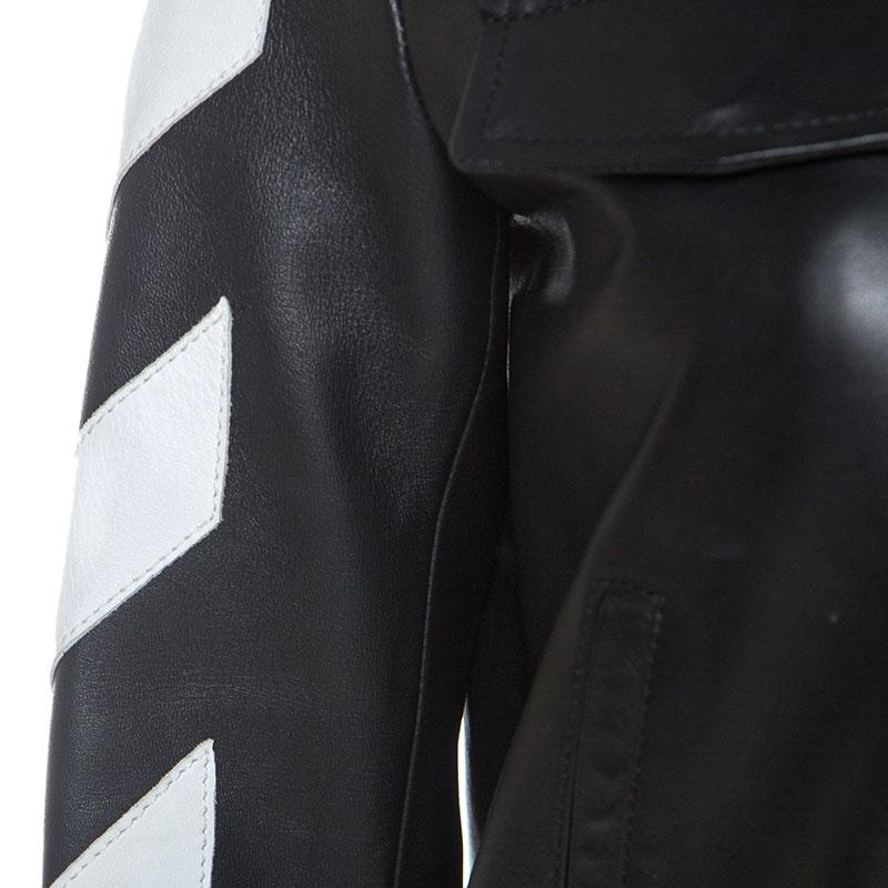 Off White Black Leather Contrast Detail Zip Front Jacket S 1