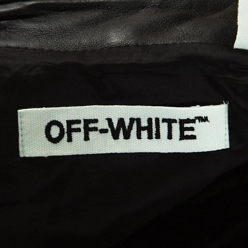 Off White Black Leather Contrast Detail Zip Front Jacket S 2