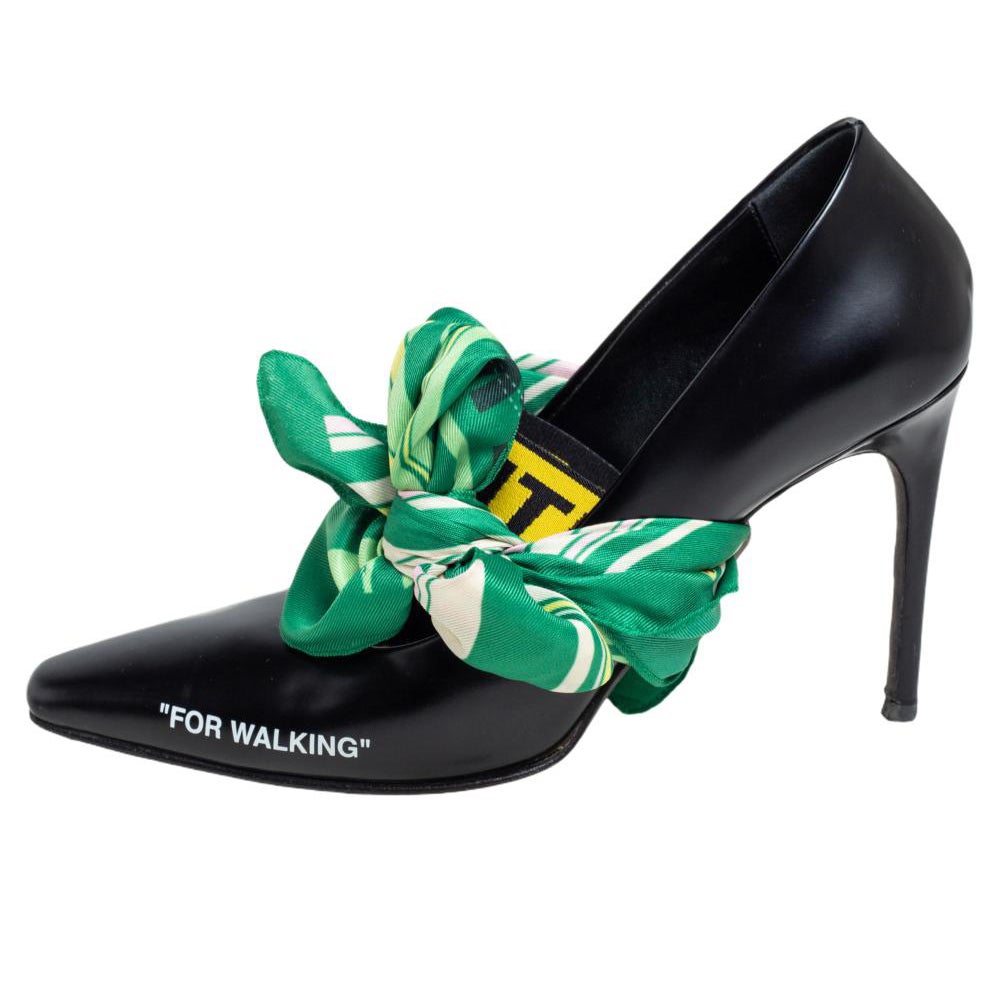 Off-White Black Leather Mary Jane Pointed Toe Pumps Size 40