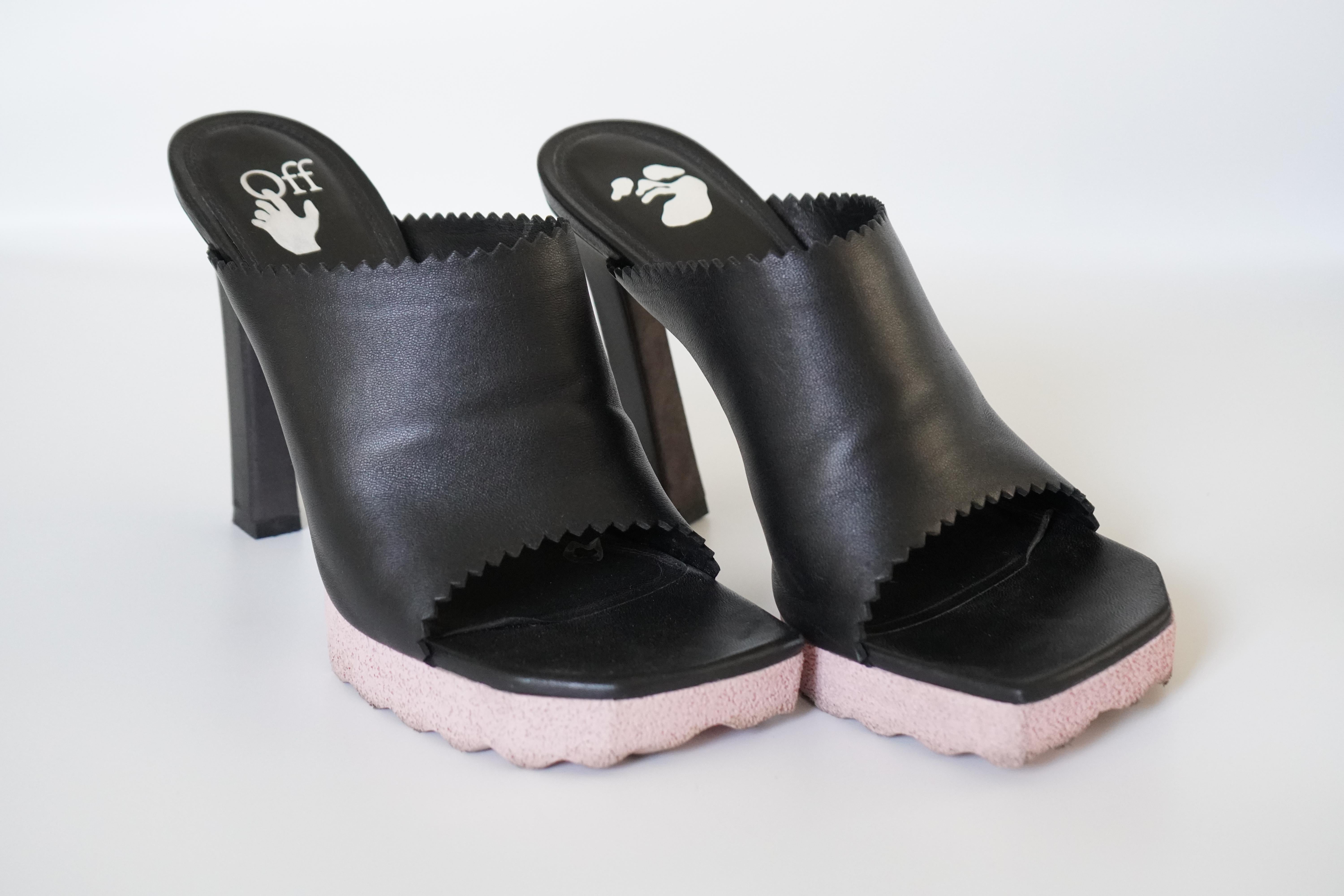 Women's Off-White Black Leather Sponge Mules 39 For Sale