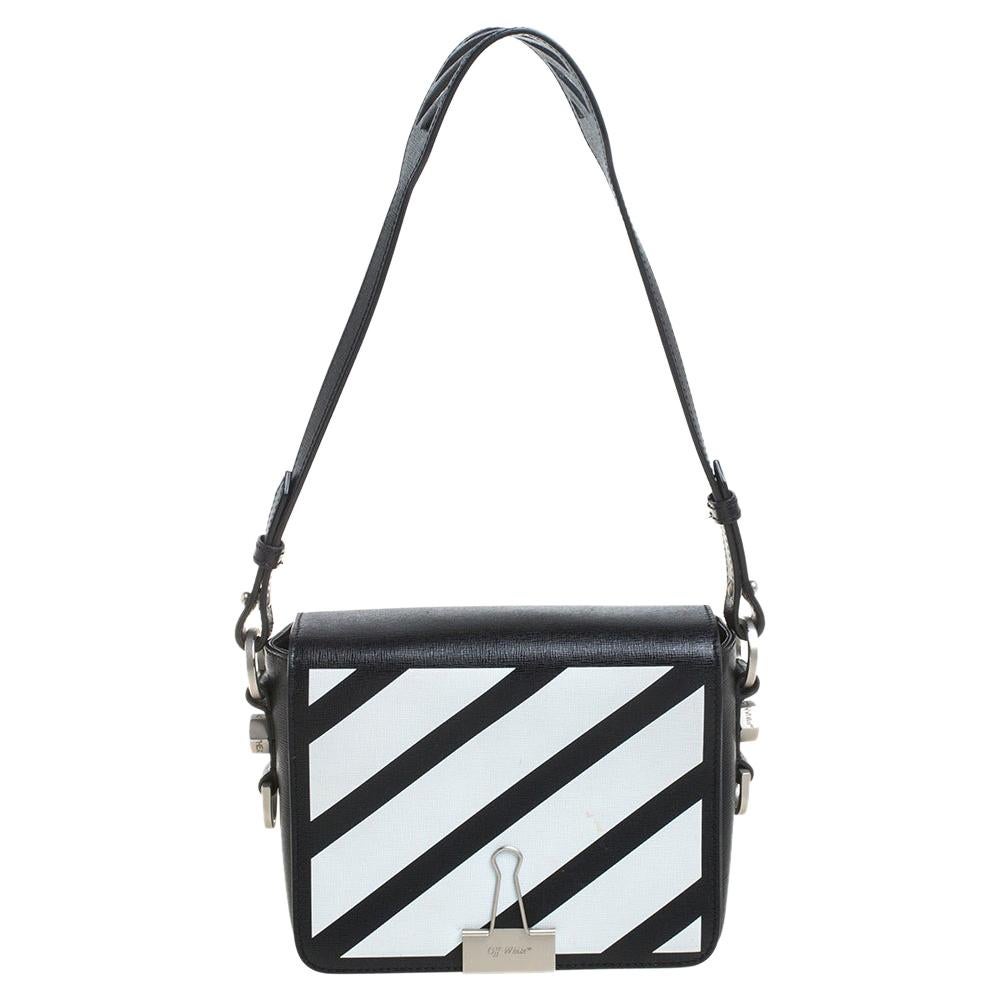 Off-White Black/White Diagonal Print Leather Binder Clip Crossbody Bag at  1stDibs
