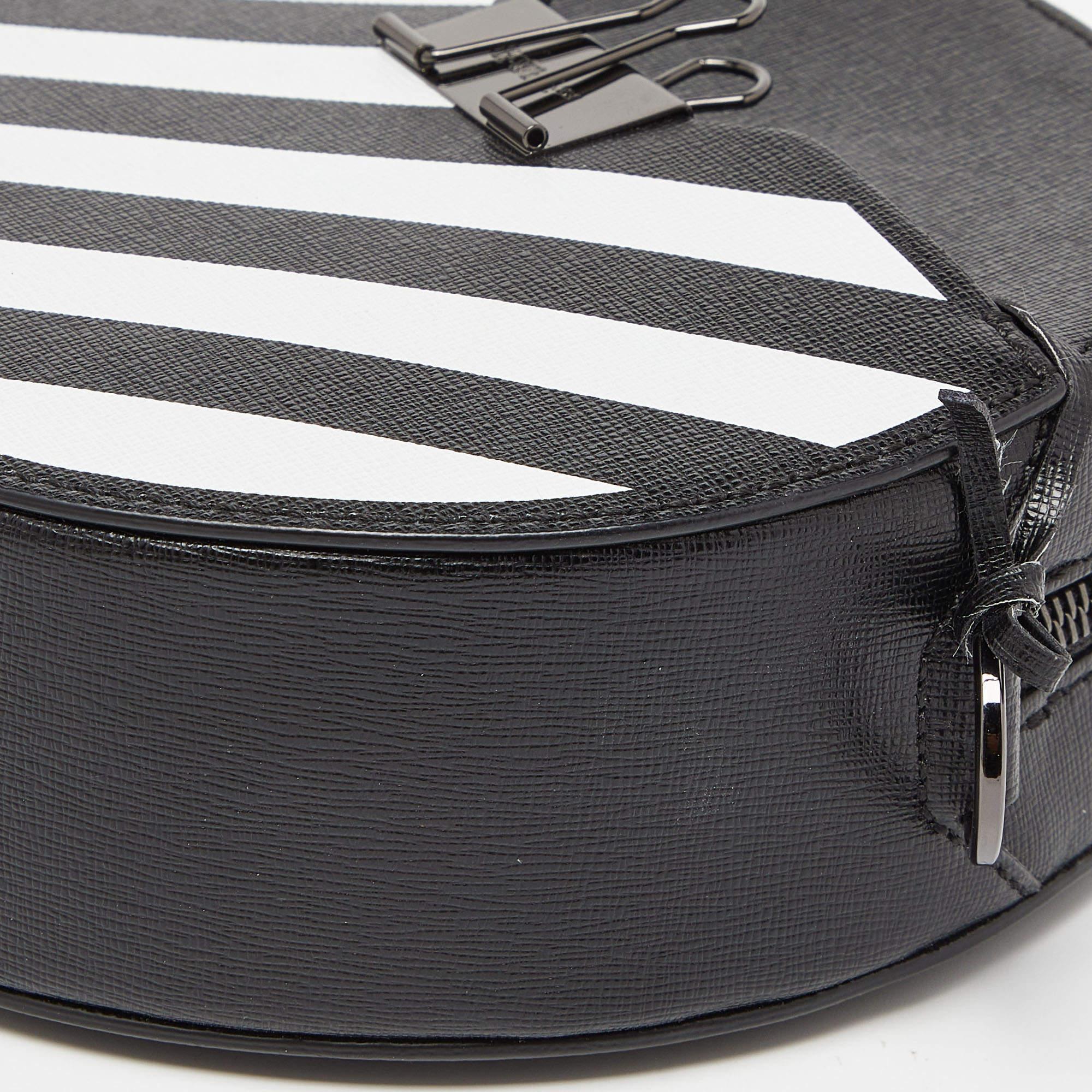 Off-White Black/White Diagonal Striped Leather Round Crossbody Bag In Excellent Condition In Dubai, Al Qouz 2