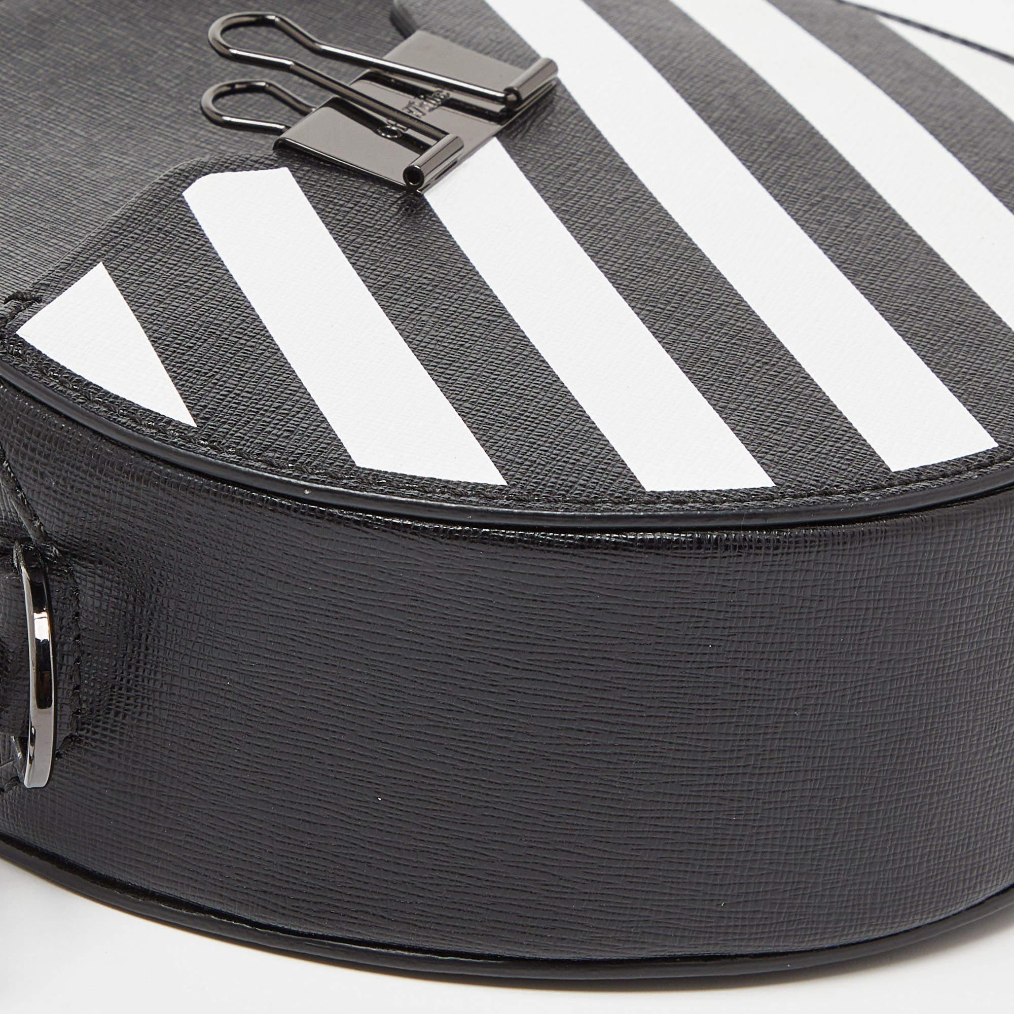 Women's Off-White Black/White Diagonal Striped Leather Round Crossbody Bag