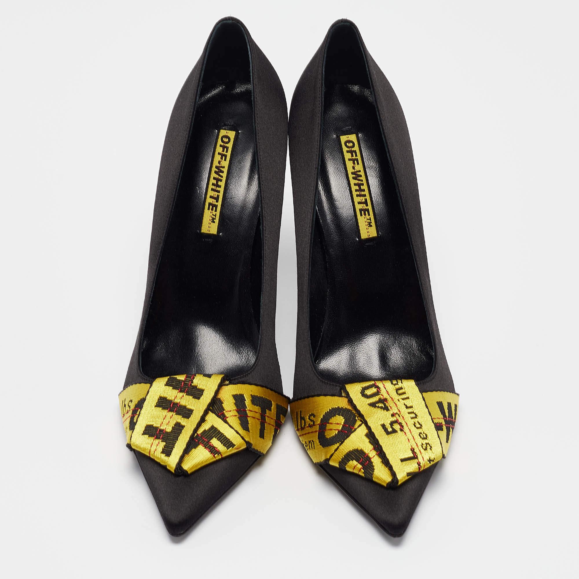 Off-White Black/Yellow Satin and Logo Canvas Commercial Bow Pumps Size 40 In New Condition For Sale In Dubai, Al Qouz 2