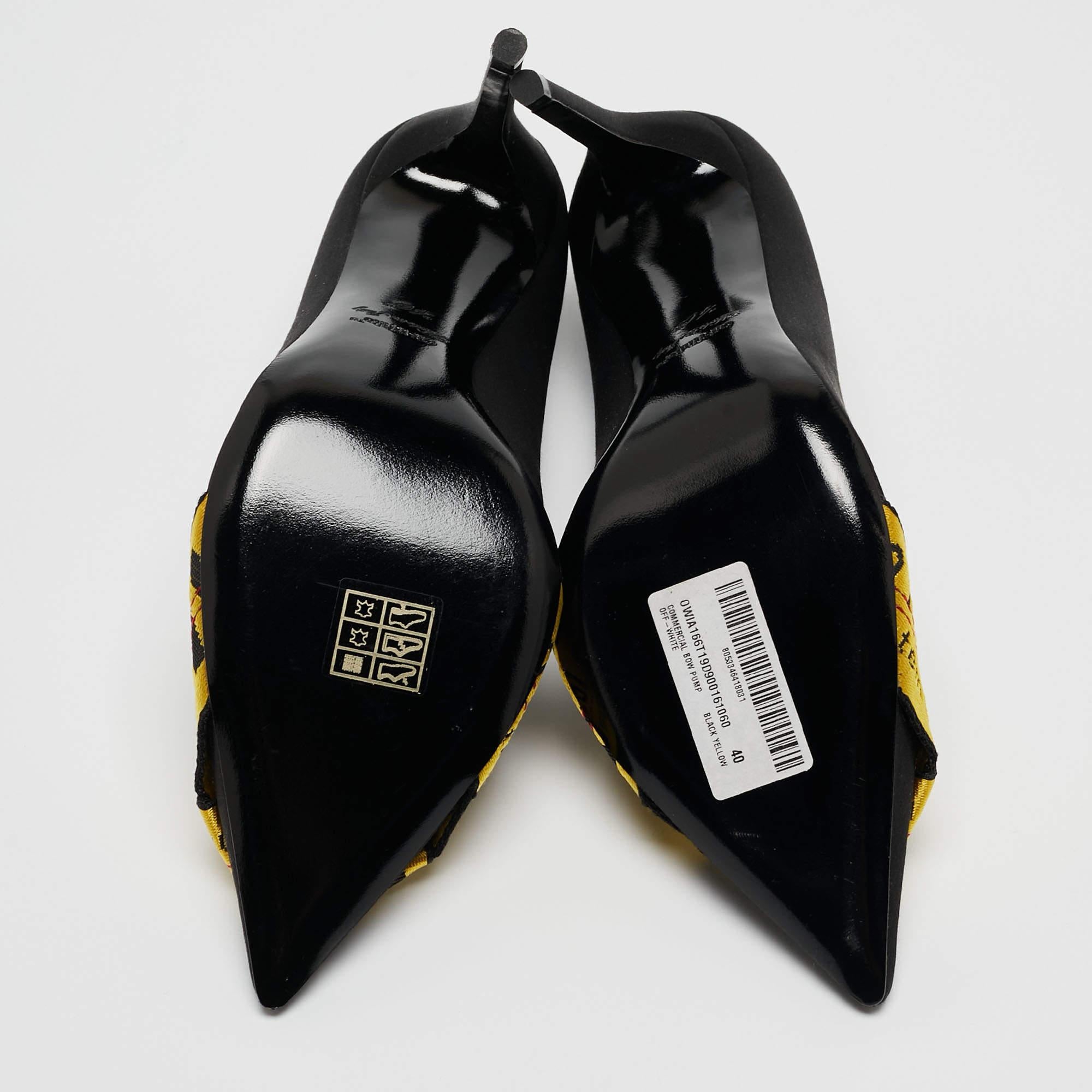 Off-White Black/Yellow Satin and Logo Canvas Commercial Bow Pumps Size 40 In Excellent Condition For Sale In Dubai, Al Qouz 2
