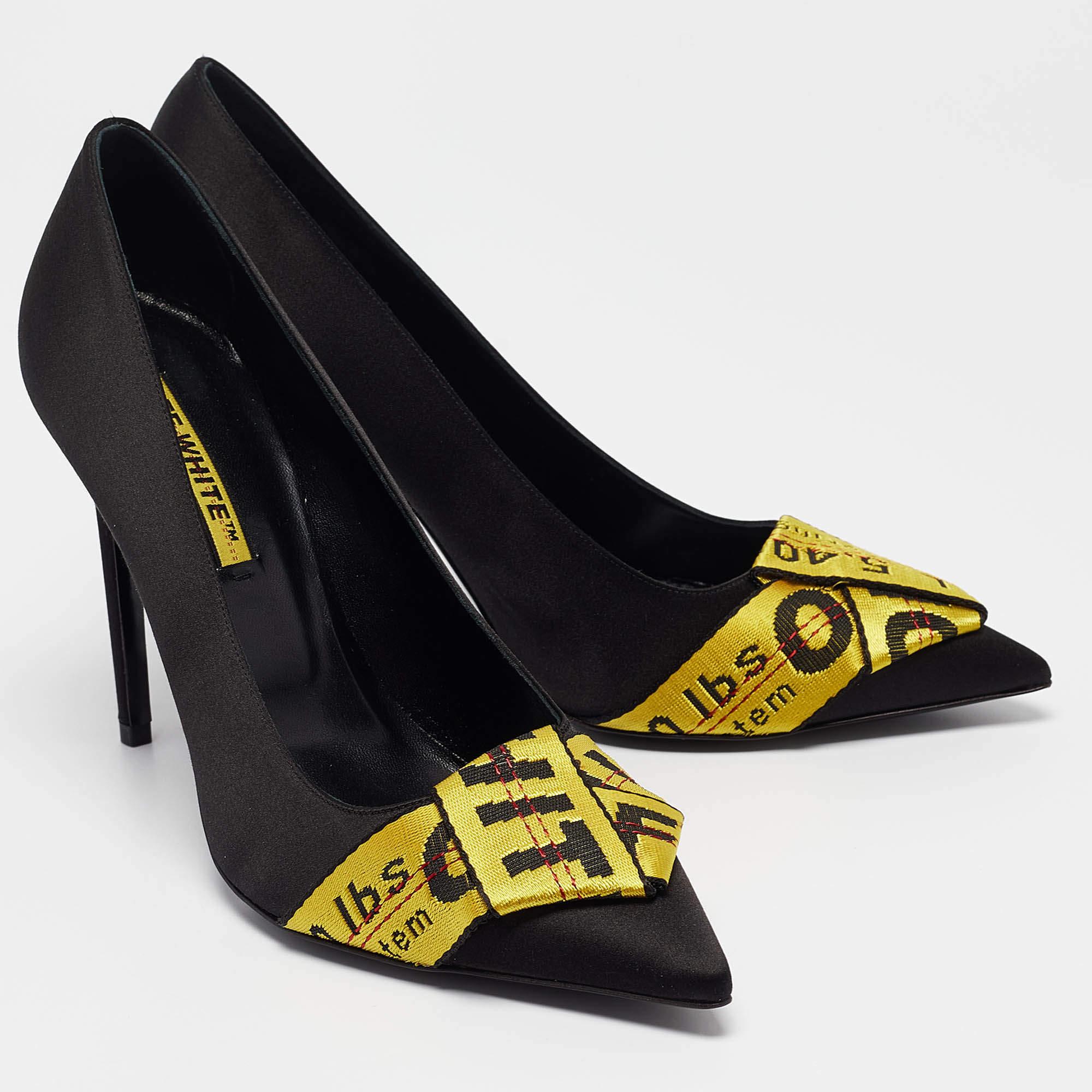 Women's Off-White Black/Yellow Satin and Logo Canvas Commercial Bow Pumps Size 40 For Sale