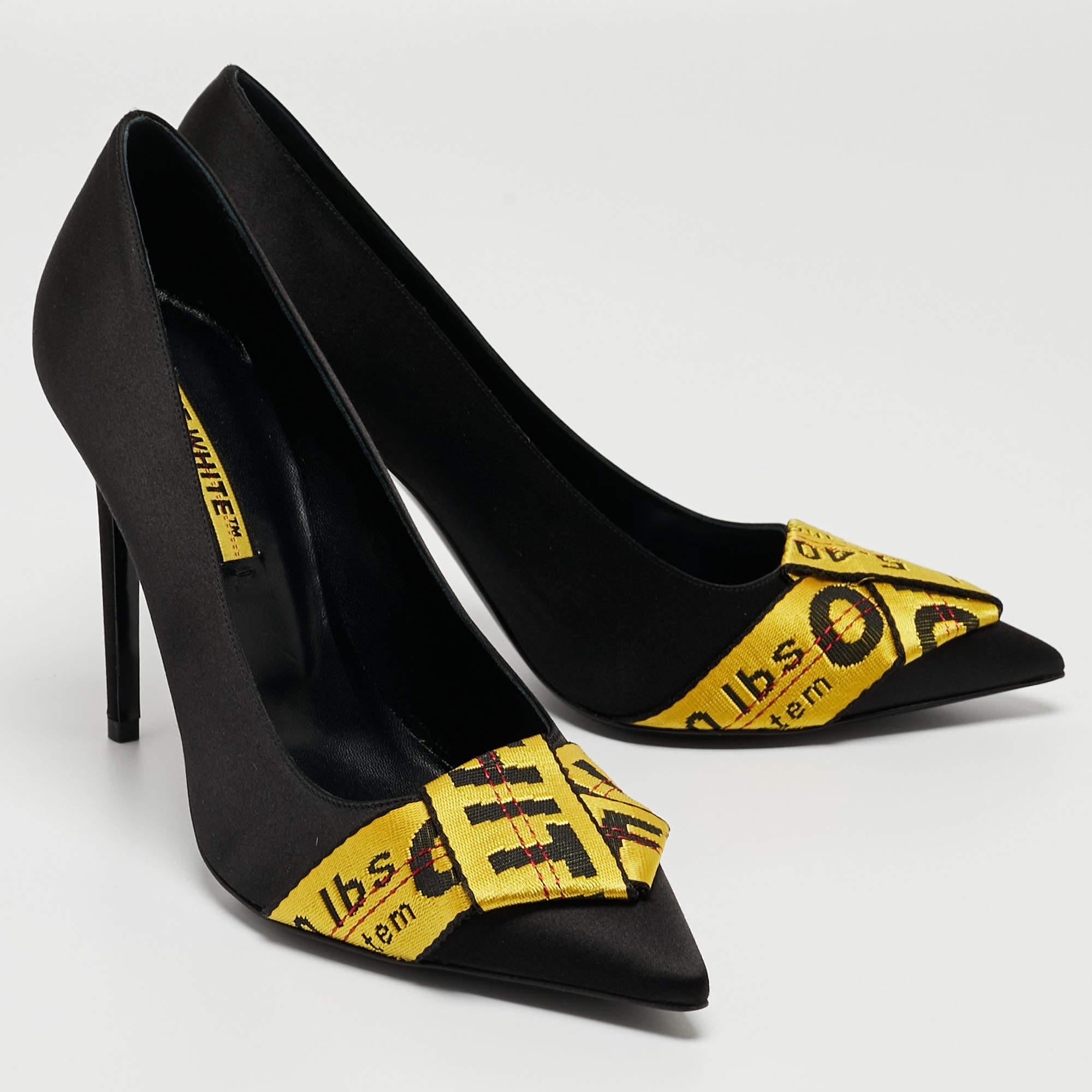 Women's Off-White Black/Yellow Satin and Logo Canvas Commercial Bow Pumps Size 40 For Sale
