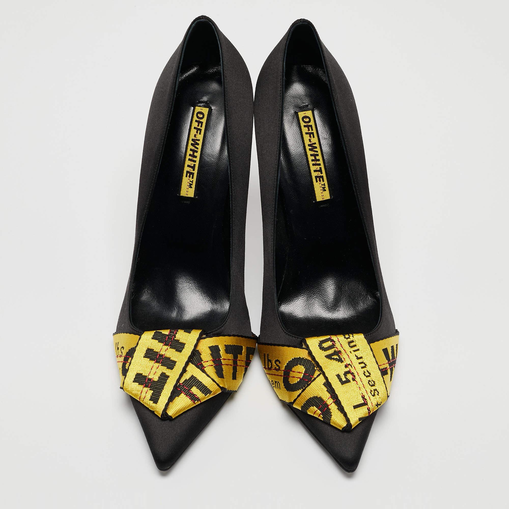 Women's Off-White Black/Yellow Satin and Logo Canvas Commercial Bow Pumps Size 40