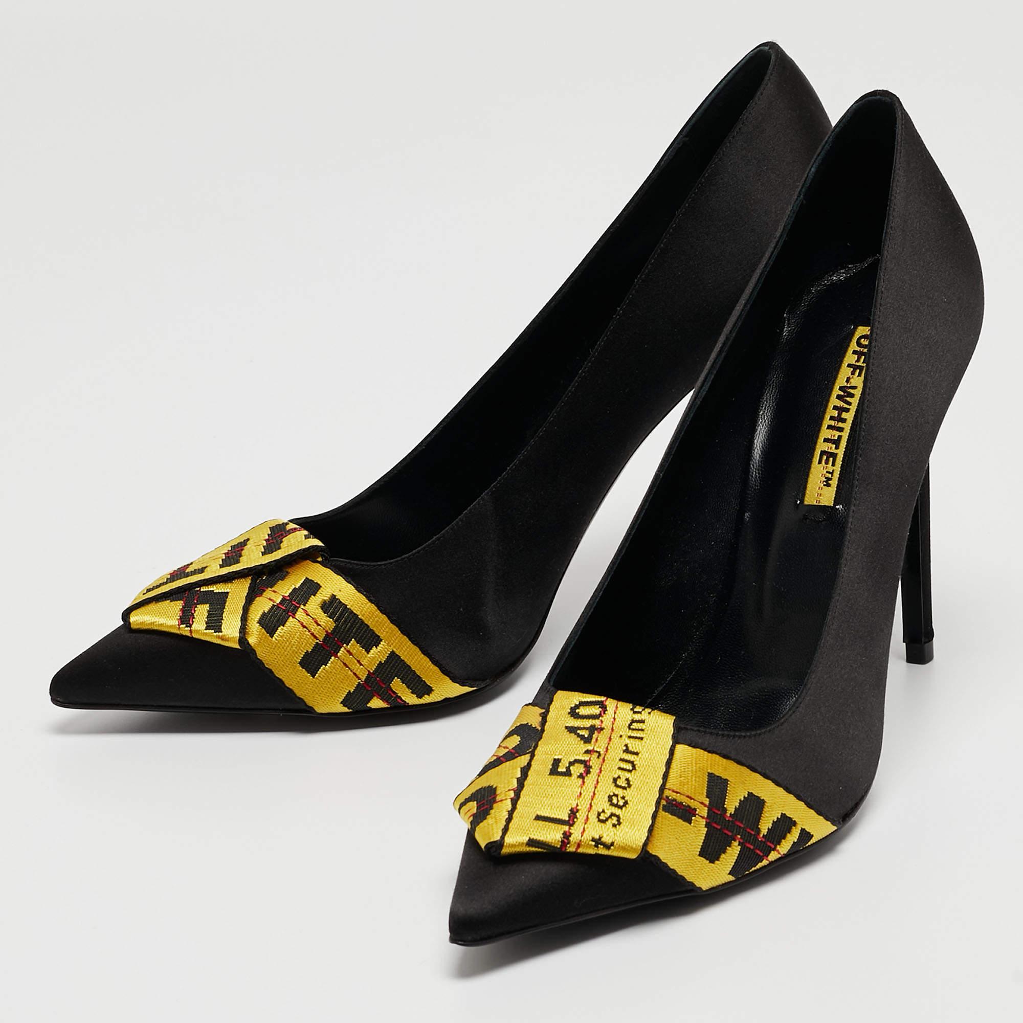 Off-White Black/Yellow Satin and Logo Canvas Commercial Bow Pumps Size 40 For Sale 2