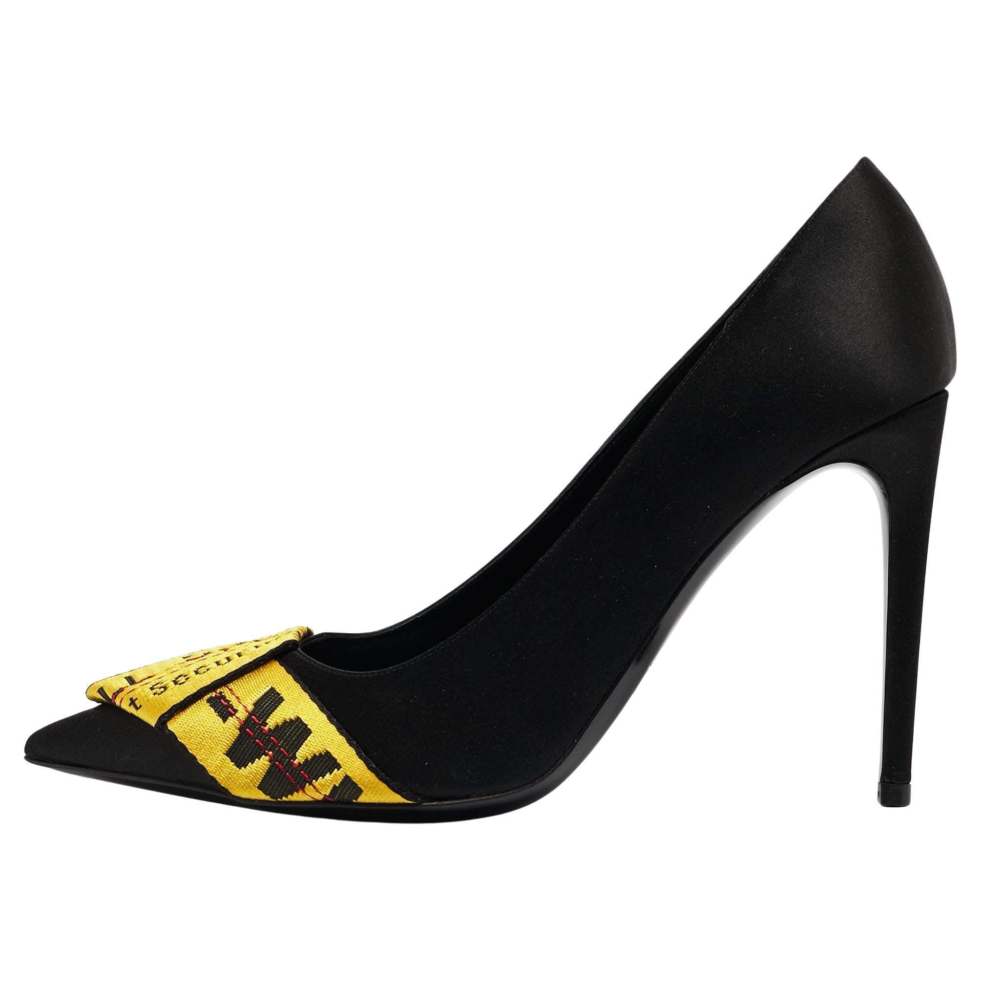 Off-White Black/Yellow Satin and Logo Canvas Commercial Bow Pumps Size 40 For Sale
