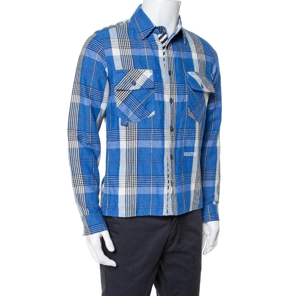 Off-White Blue Checked Cotton Linen Shirt XS In Excellent Condition In Dubai, Al Qouz 2