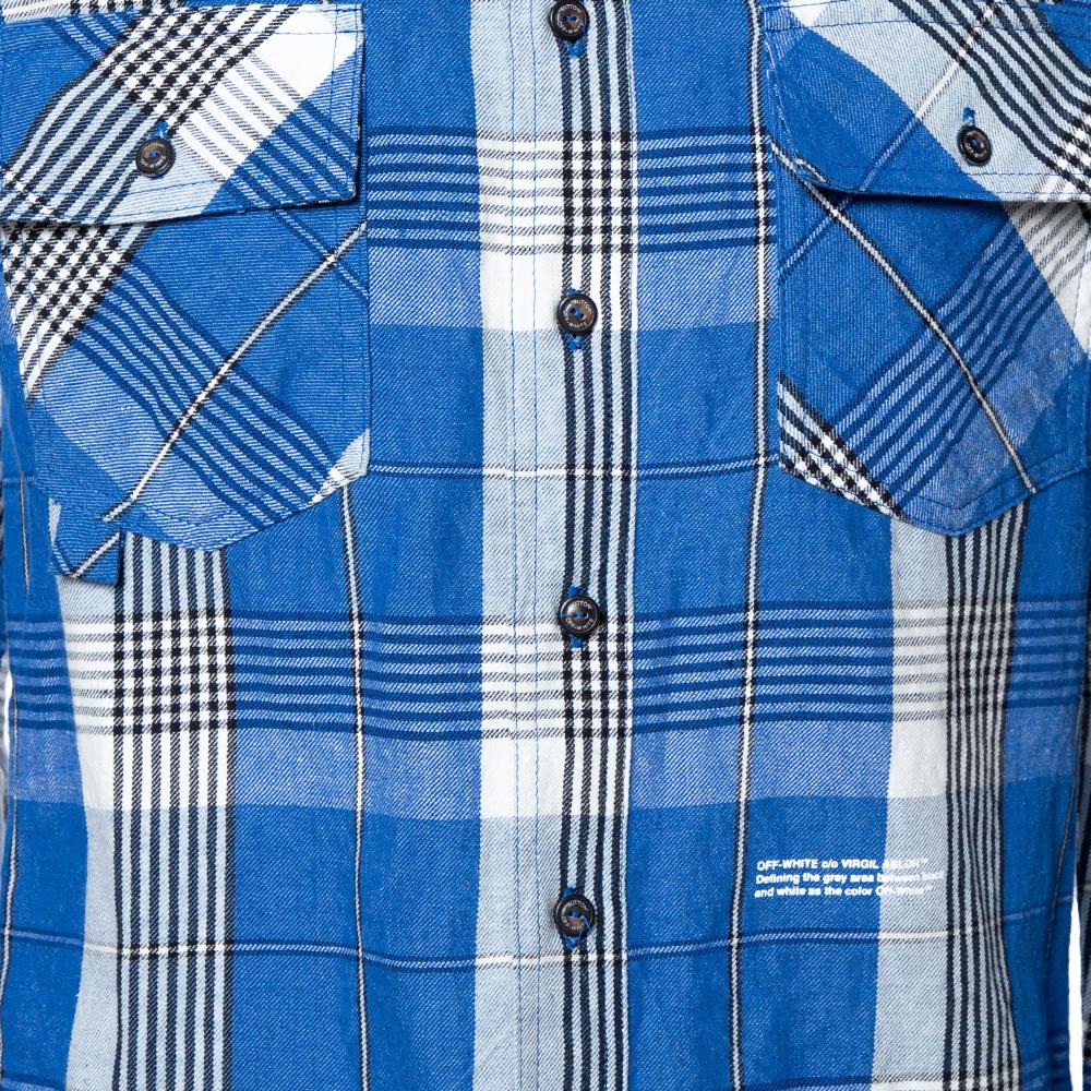 Men's Off-White Blue Checked Cotton Linen Shirt XS