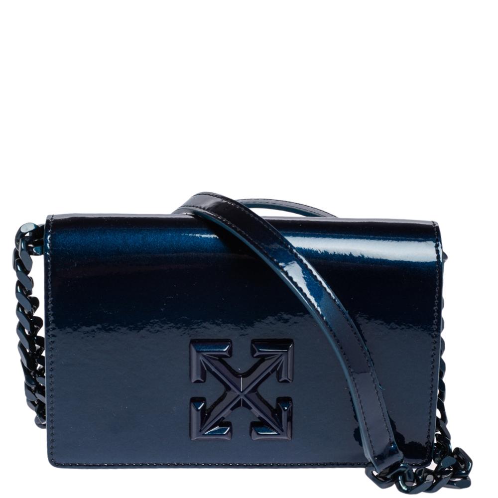 Black Off-White Blue Patent Leather Signature Cross Crossbody Bag