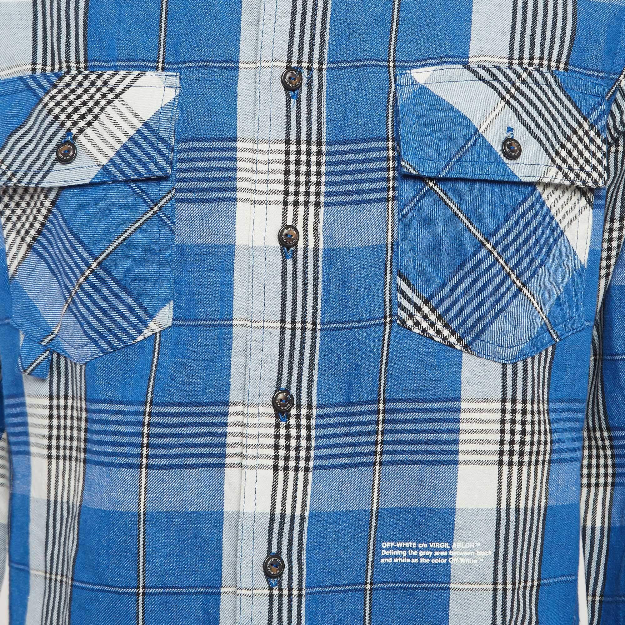 Off-White Blue Tartan Check Linen Blend Long Sleeve Shirt XS In Excellent Condition For Sale In Dubai, Al Qouz 2