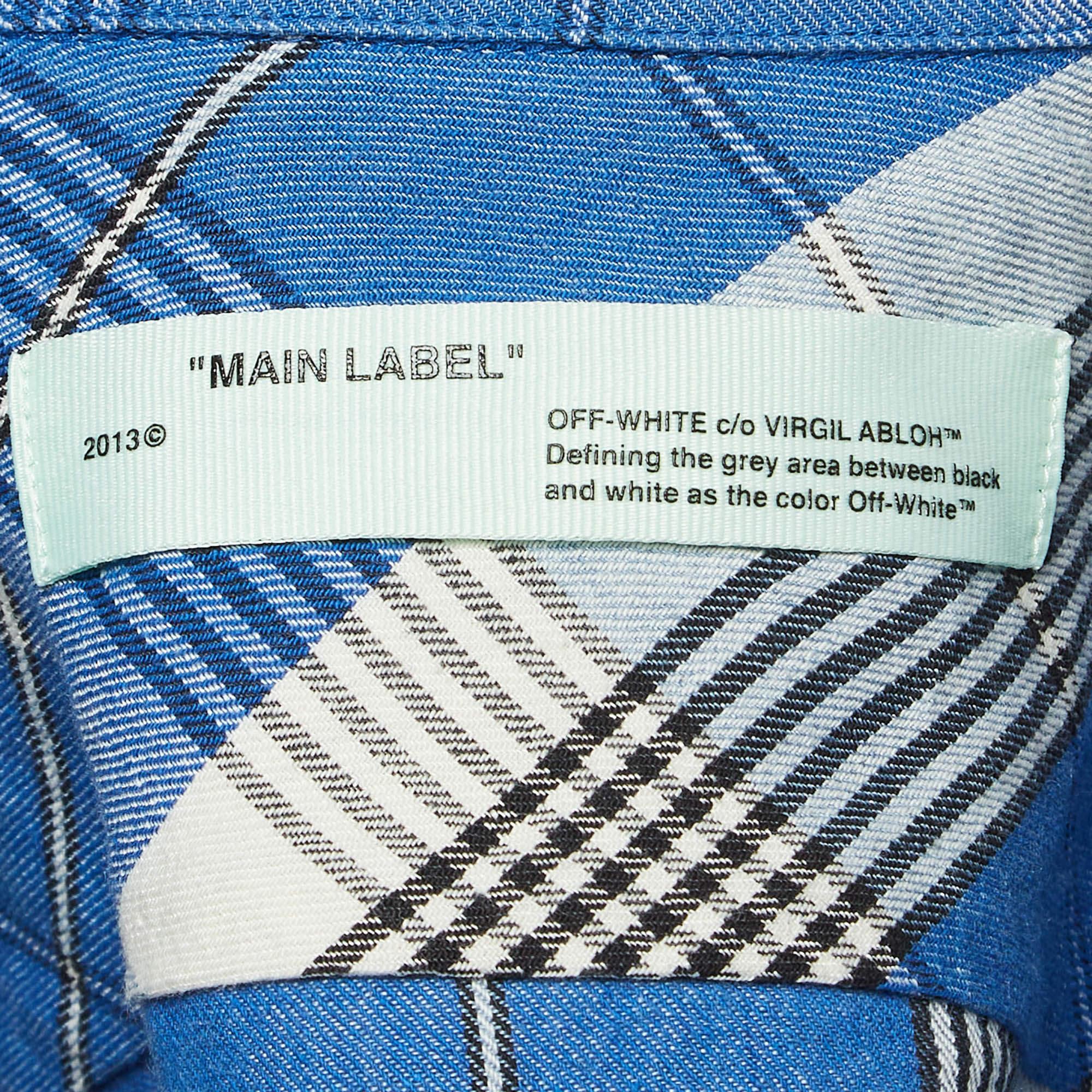 Men's Off-White Blue Tartan Check Linen Blend Long Sleeve Shirt XS For Sale