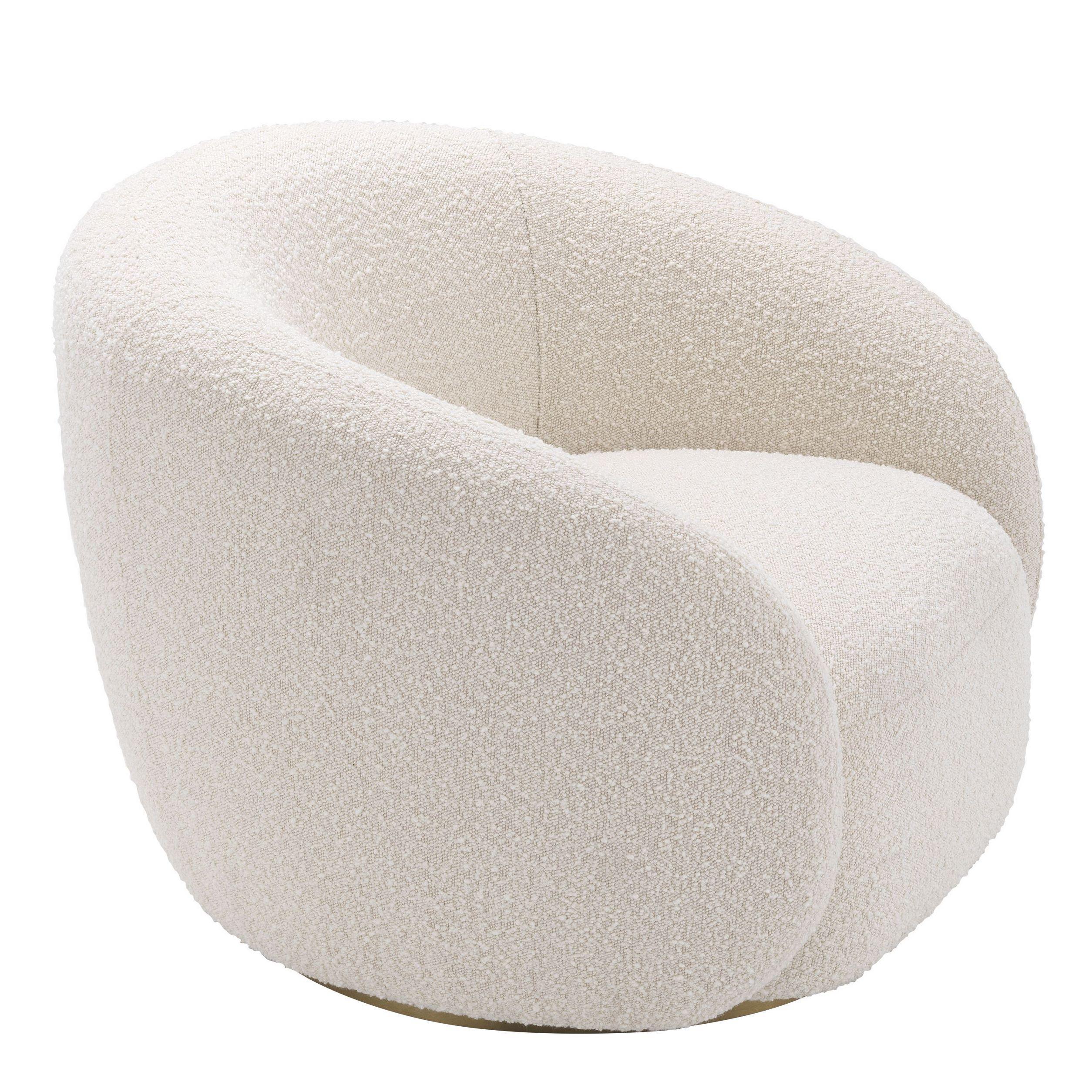 Mid-Century moderno off Tessuto bouclé bianco con finiture in ottone Poltrona girevole in vendita
