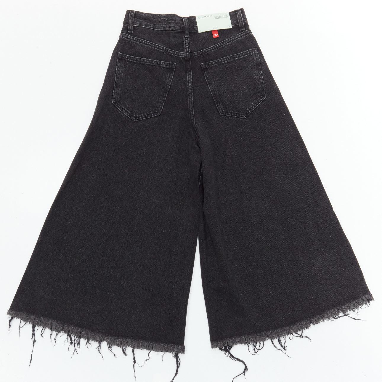 OFF WHITE C/O VIRGIL ABLOH black denim logo pin frayed hem wide culotte jeans XS In Excellent Condition For Sale In Hong Kong, NT