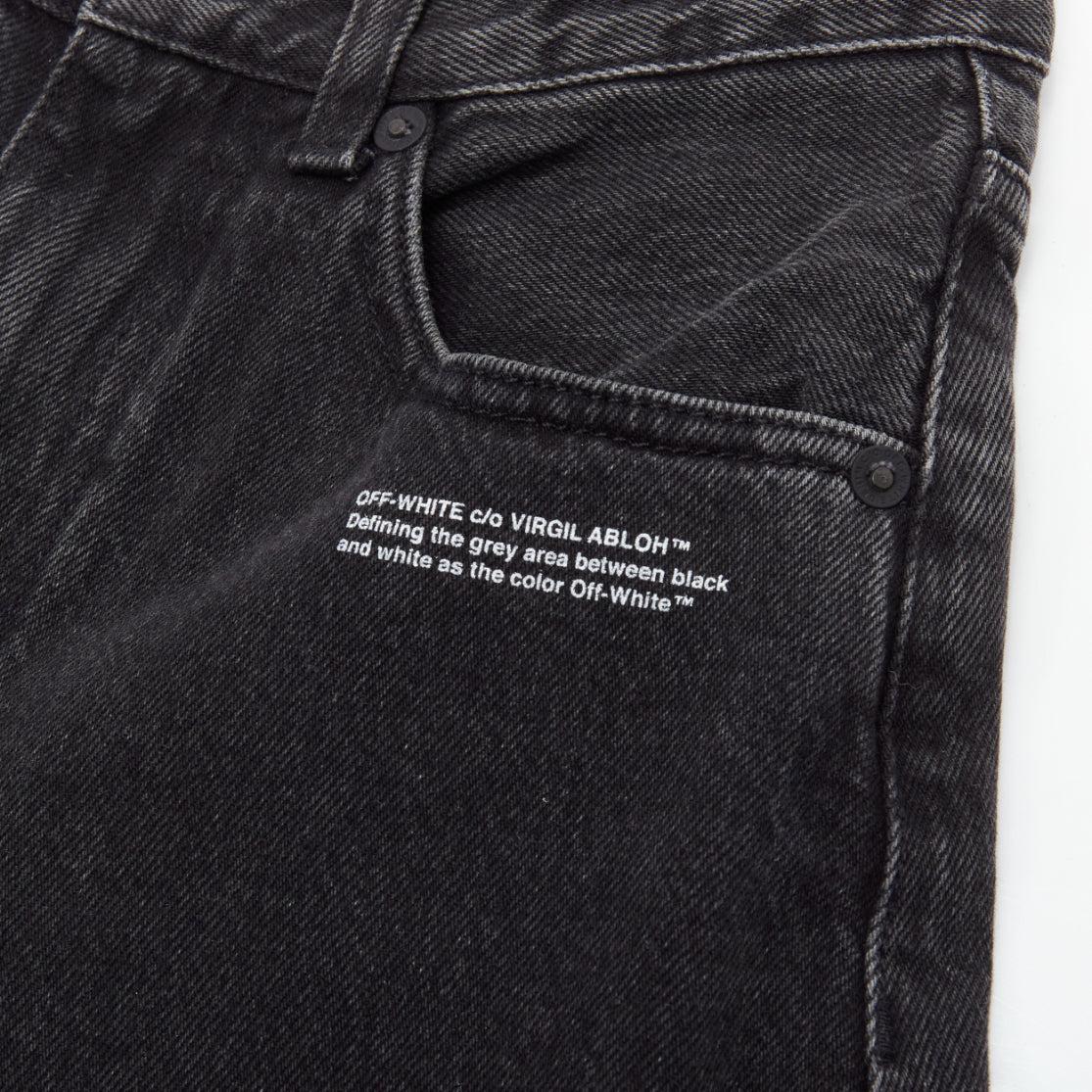 OFF WHITE C/O VIRGIL ABLOH black denim logo pin frayed hem wide culotte jeans XS In Excellent Condition For Sale In Hong Kong, NT