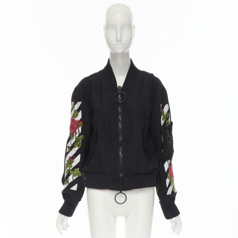 OFF WHITE C/O VIRGIL ABLOH black rose floral embroidery logo bomber jacket XS 6
