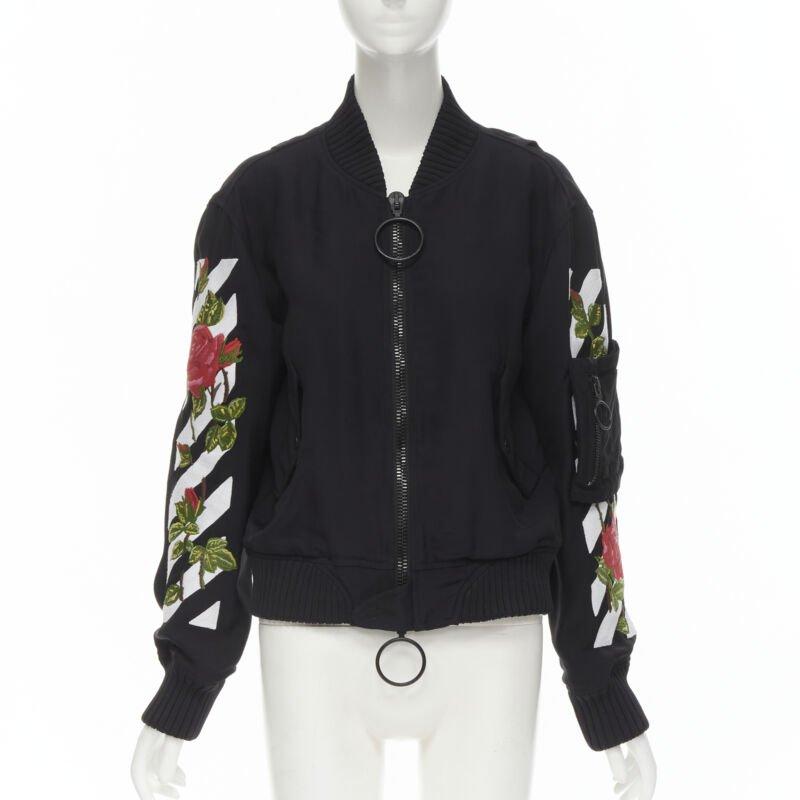 Black OFF WHITE C/O VIRGIL ABLOH black rose floral embroidery logo bomber jacket XS